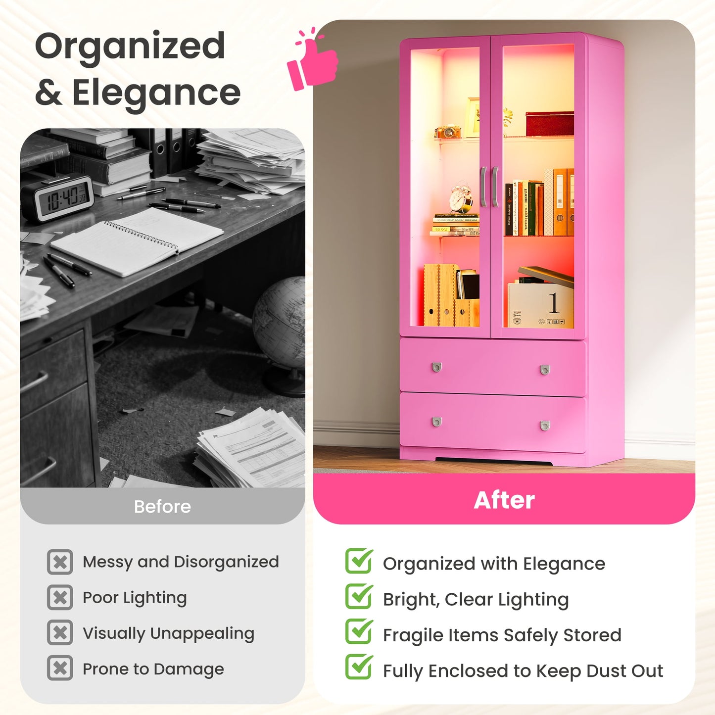 Heynemo 64'' Tall Display Cabinet with Acrylic Doors and LED Lights, Pink