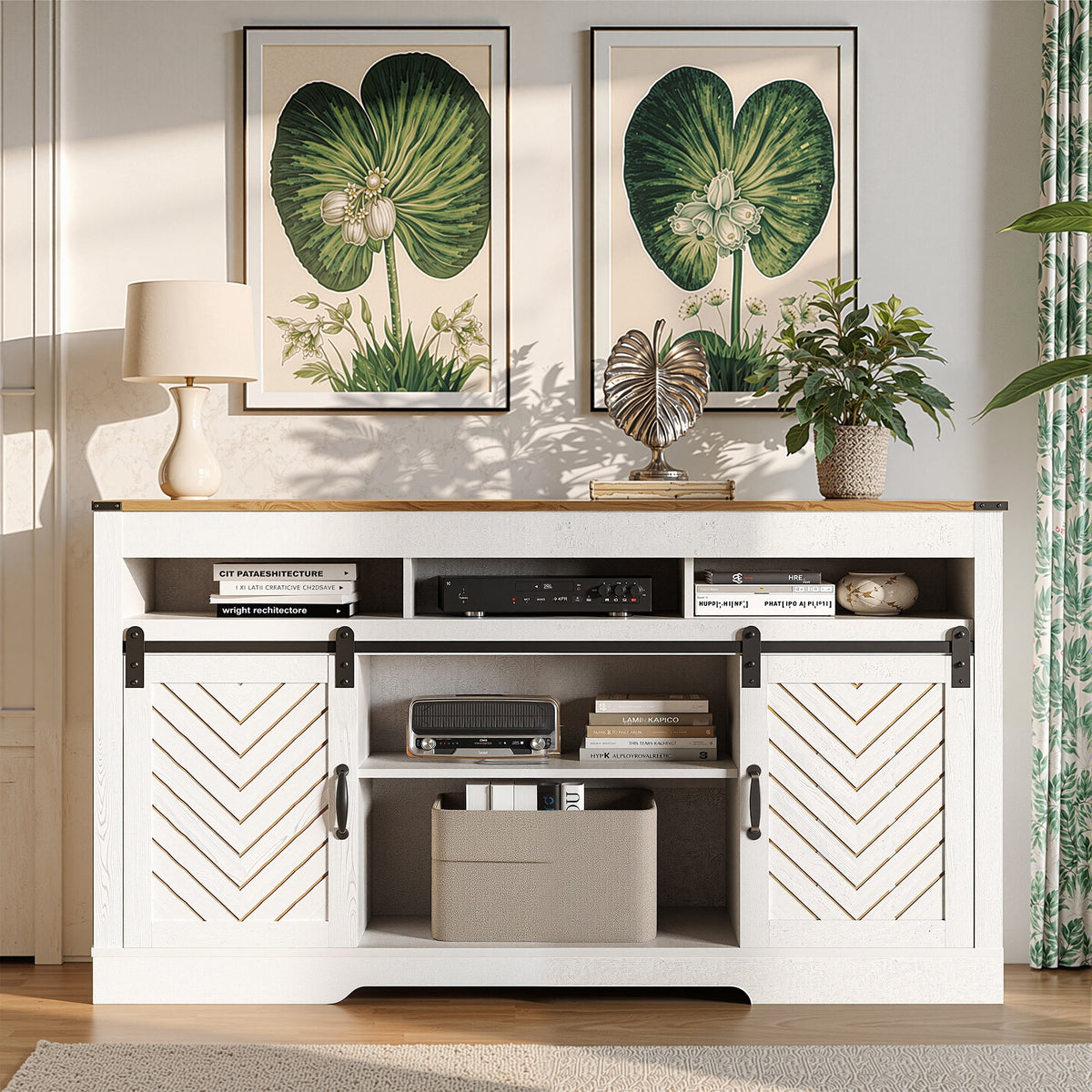 Mayincolor Farmhouse TV Stand for 65+ Inch TV, Tall Entertainment Center, Rustic TV Console with Sliding Bar Door for Living Room (Wood-Tone and White)