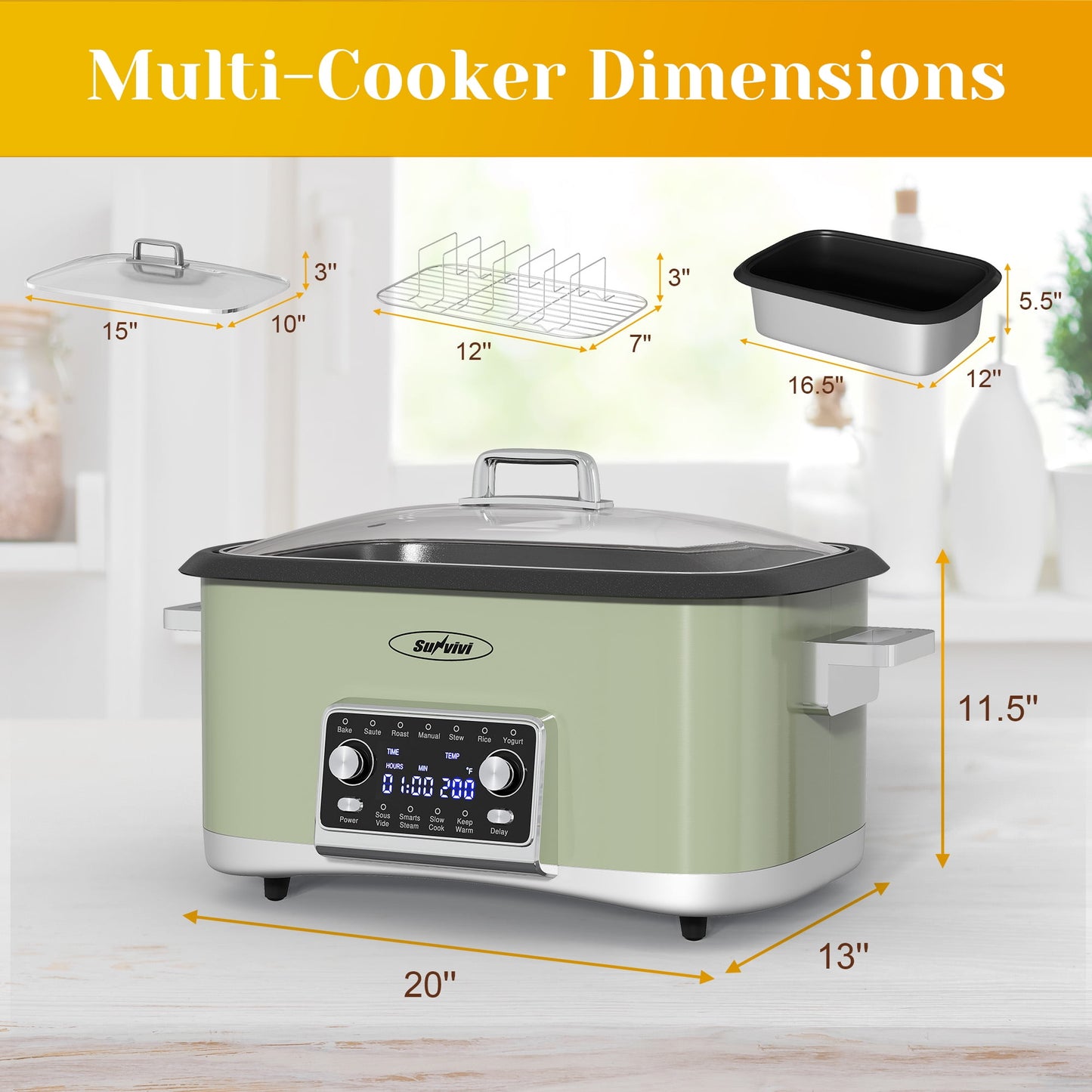 Heynemo 8QT 12-in-1 Programmable Slow Cooker, Multi-Cooker with Timer, Temperature Control, Removable Non-Stick Pot & Dishwasher-Safe Glass Lid, Green