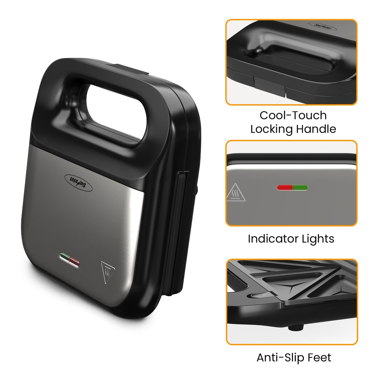 SUNVIVI Sandwich Maker Panini Press Waffle Maker with 3-in-1 - Removable Plates, 750W