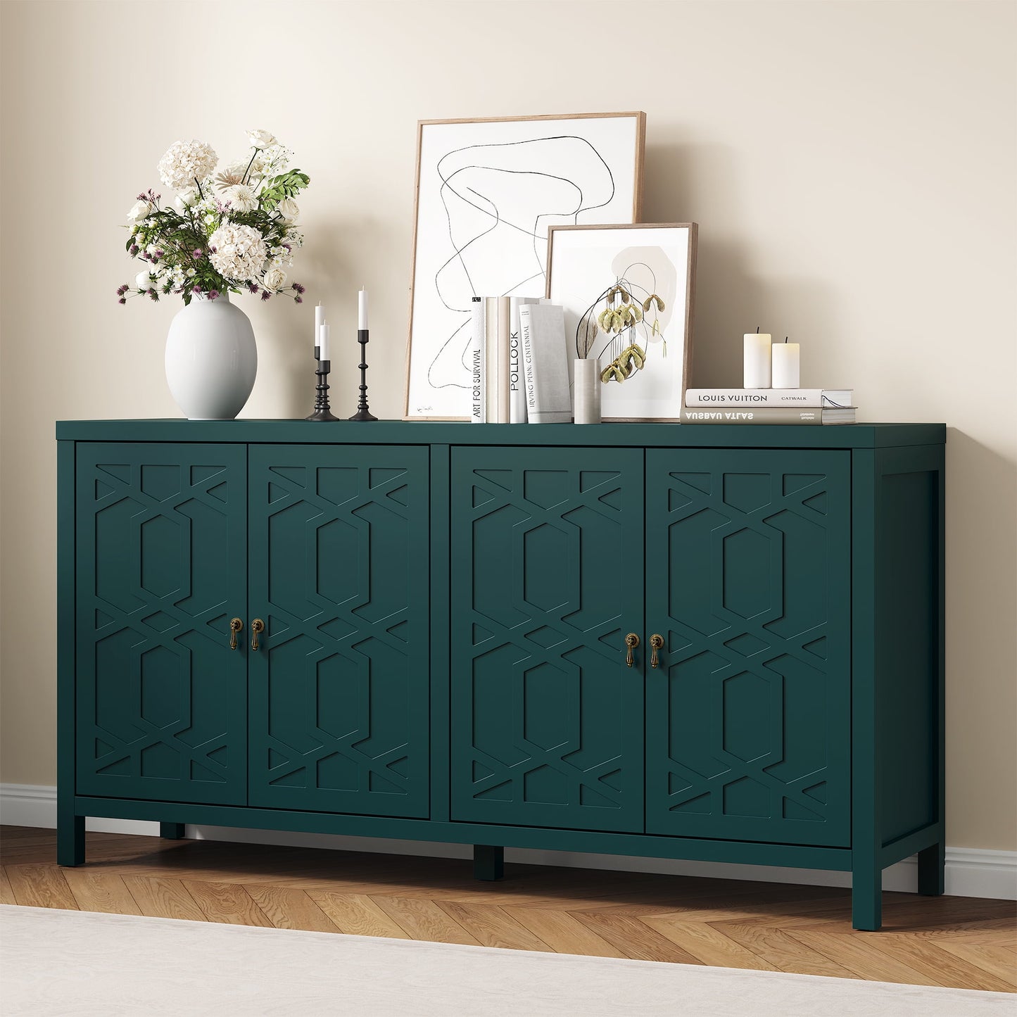Heynemo Sideboard Buffet, 58'' Mid Century Modern Sideboard Buffet with 4 Doors and Adjustable Shelves, Sideboard Buffet for Entryway, Dining Room, Living Room, Bedroom, Turquoise