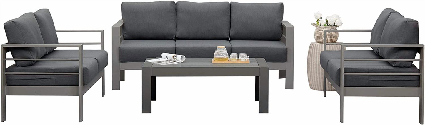 Heynemo 4 Pcs Outdoor Furniture Sofa Set Aluminum Patio Conversation Set With Coffee Table and 5 Inches Cushions, Gray