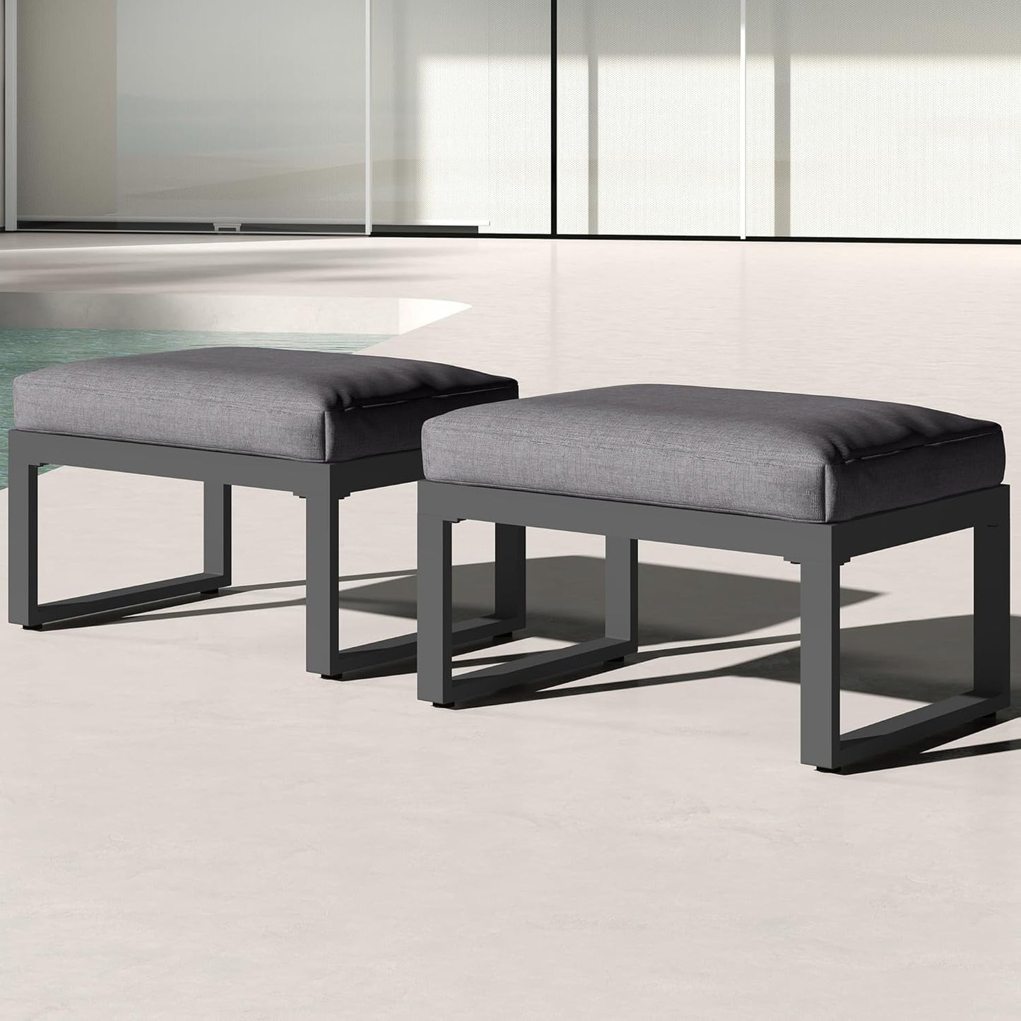 Royalcraft 2 Pieces Aluminum Outdoor Patio Ottoman Set, Outdoor Foot Stools with Thick Cushion, Small Seat Furniture for Porch Balcony Backyard, Grey