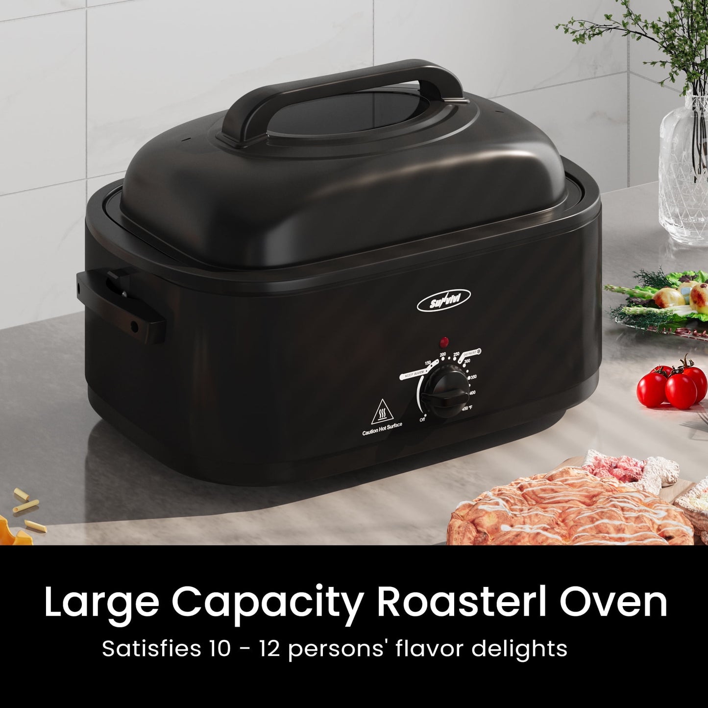 Sunvivi Roaster Oven with Self-Basting Lid, 20qt Electric Roaster with Removable Pan & Rack, Turkey Roaster Oven with Defrost & Warm Function, Stainless Steel, Black