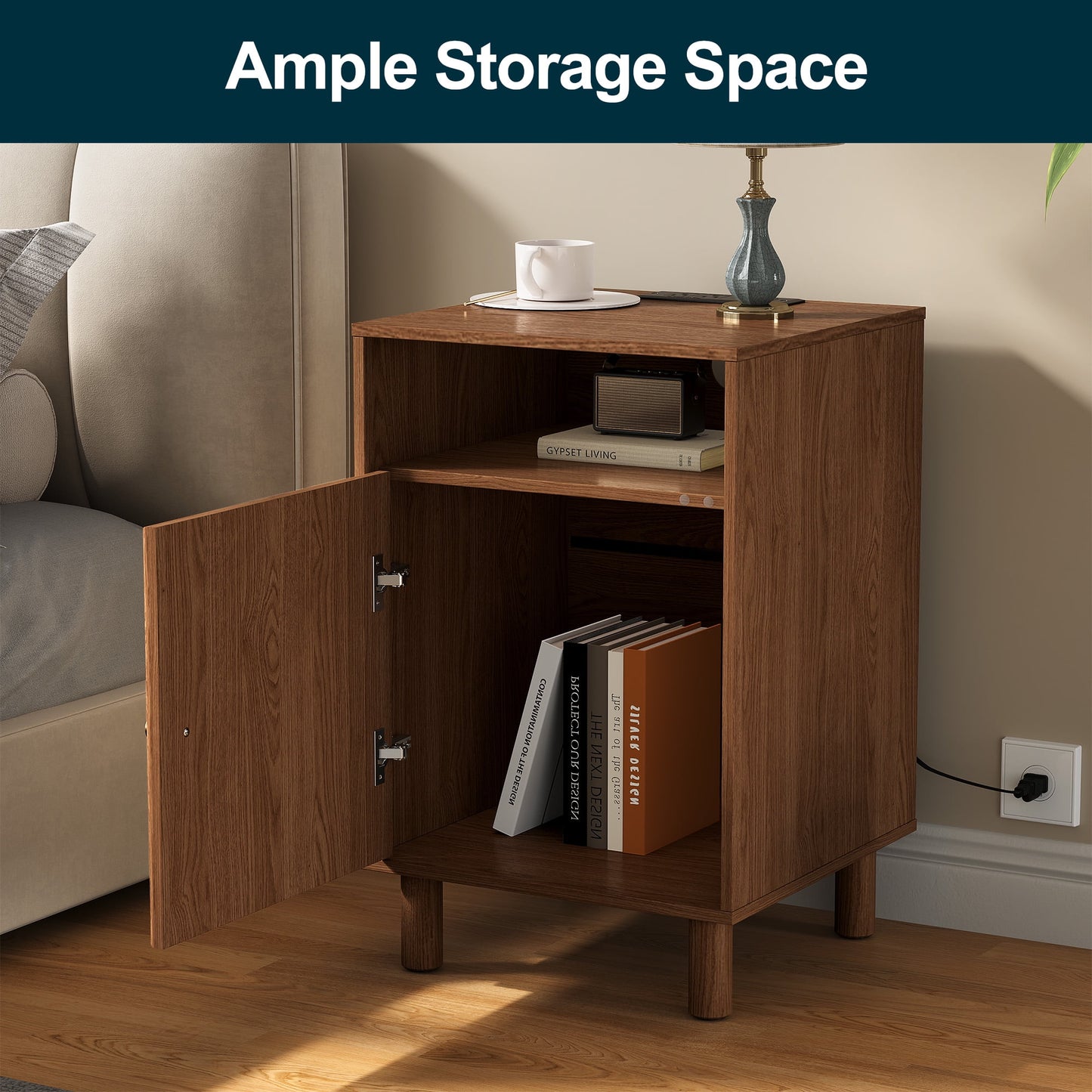 Heynemo Wood Nightstand with Storage, Bedside Table with Charging Station and Solid Wood Legs, Ideal for Living Room, Bedroom, Entryway, Brown