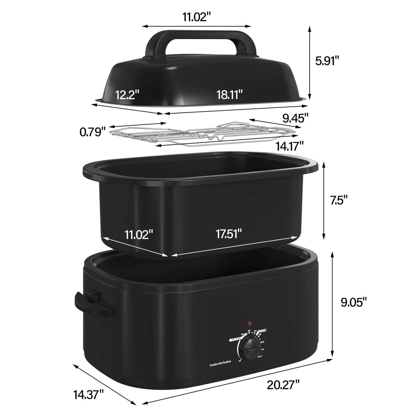 Royalcraft 22 Quart Electric Turkey Roaster Oven with Visible Glass Lid,Removable Pan & Rack, Stainless Steel,Black