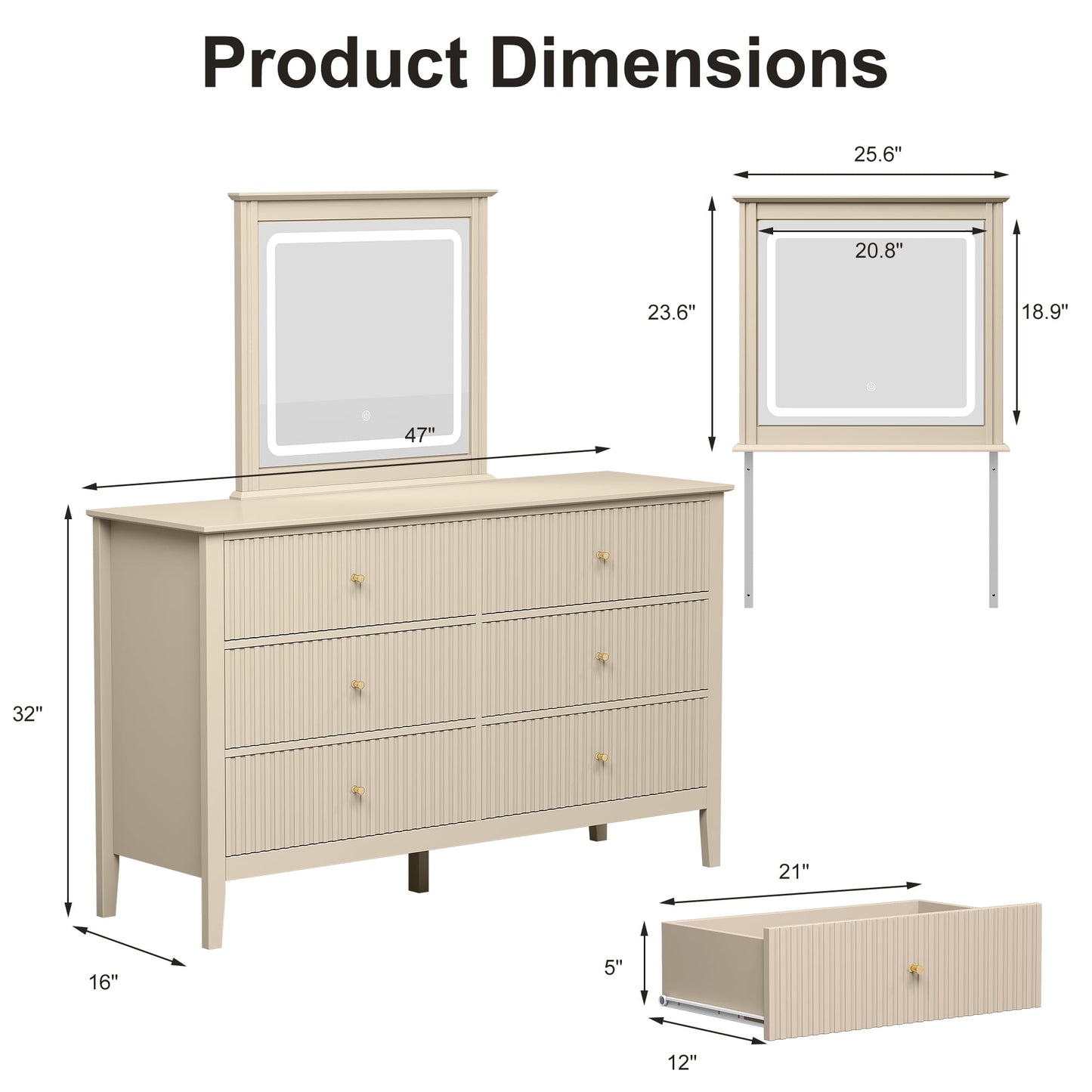 Heynemo Fluted 6 Drawer Dresser with Lighted Mirror, Wide Modern Chests of Drawers for Bedroom, Living Room, Hallway, Beige