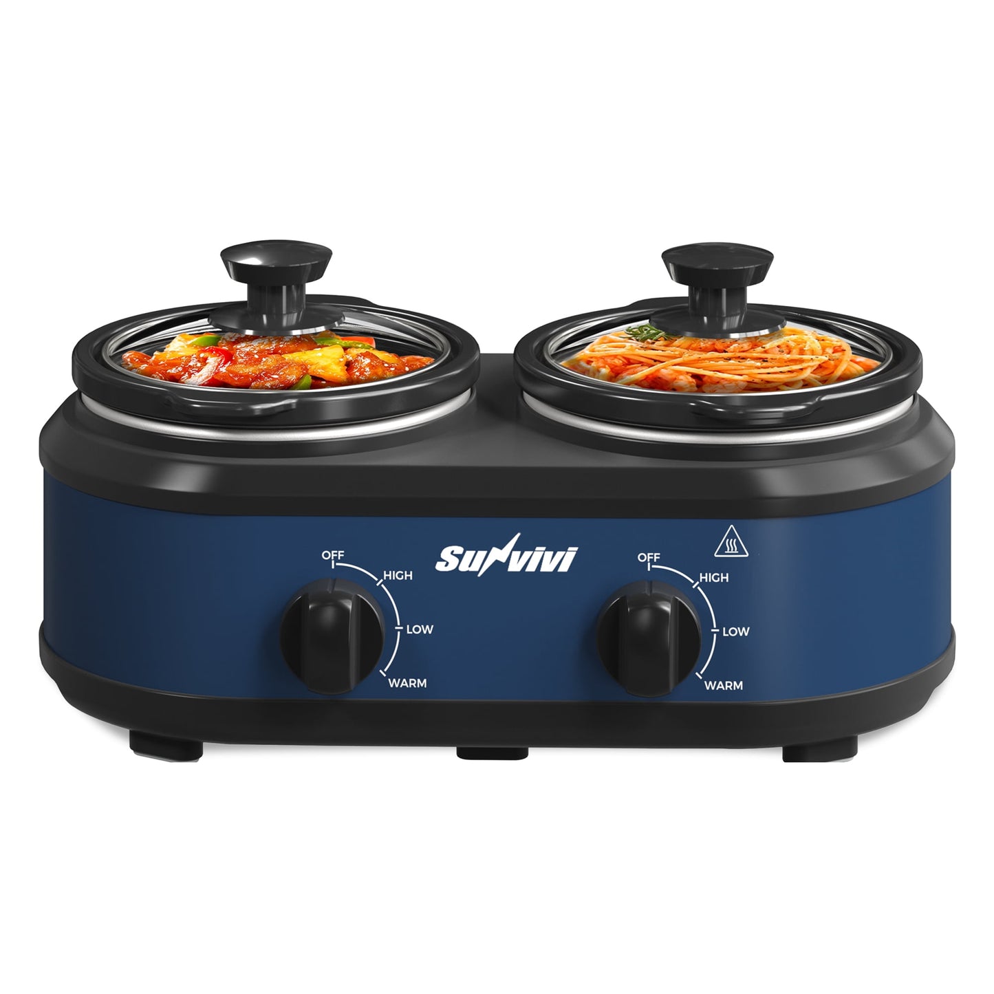 Blue Dual Slow Cooker with 2 Removable Ceramic Pots, 3Adjustable Temp & Visible Glass Lids, Buffet Server & Warmer, 2 x 1.25 QT, Blue, Dishwasher Safe