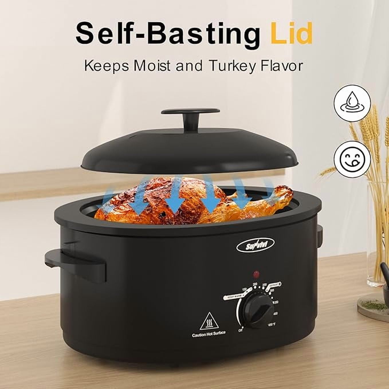 Superjoe 8-Quart Roaster Oven with Self-Basting Lid, Electric Turkey Roaster Oven with Removable Pan and Rack, Stainless Steel, Black