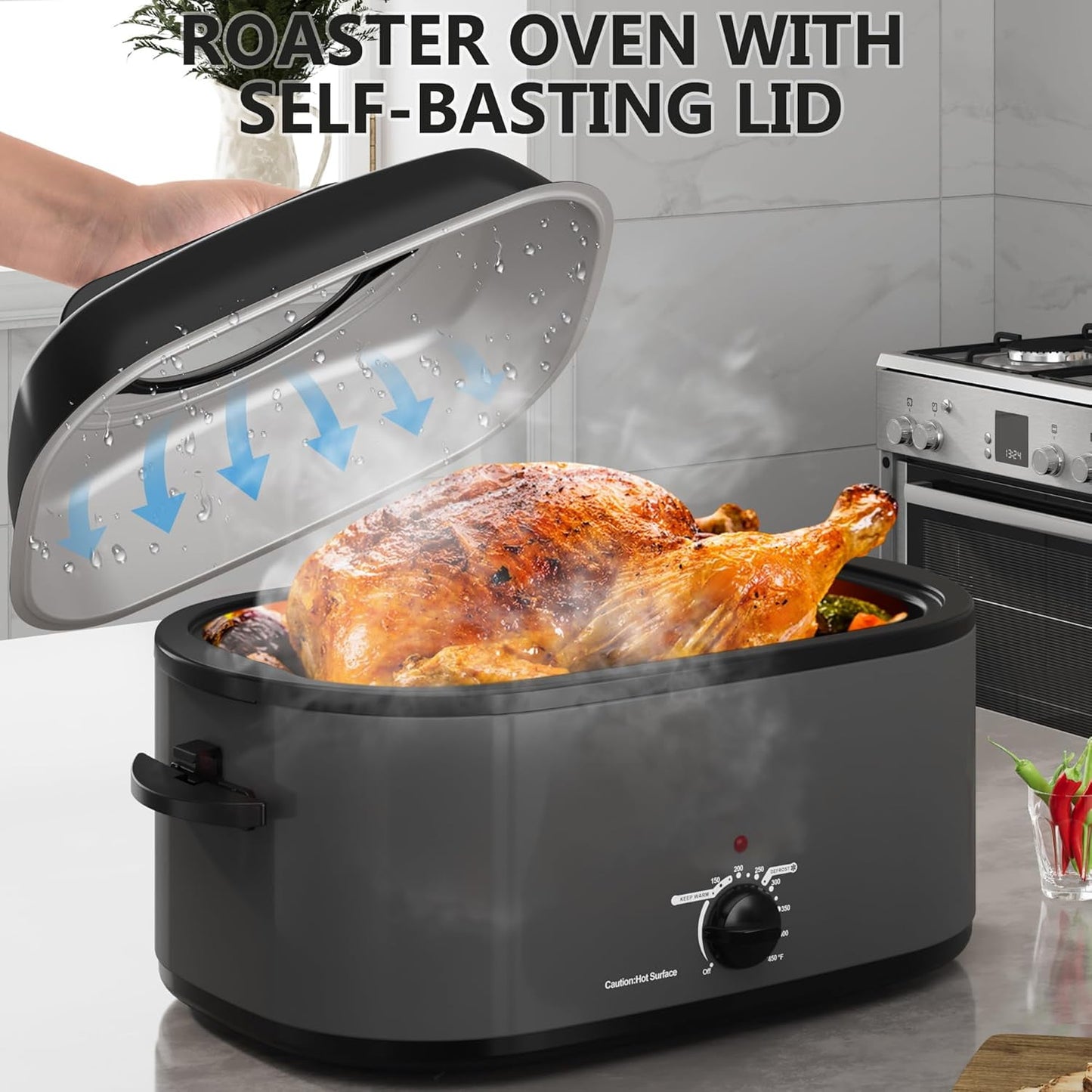 Superjoe Roaster Oven 28 Quart, Electric Roaster Oven with Visible & Self-Basting Lid, Turkey Roaster Oven with Removable Pan & Rack, Variable Temperature Control, Stainless Steel, Grey