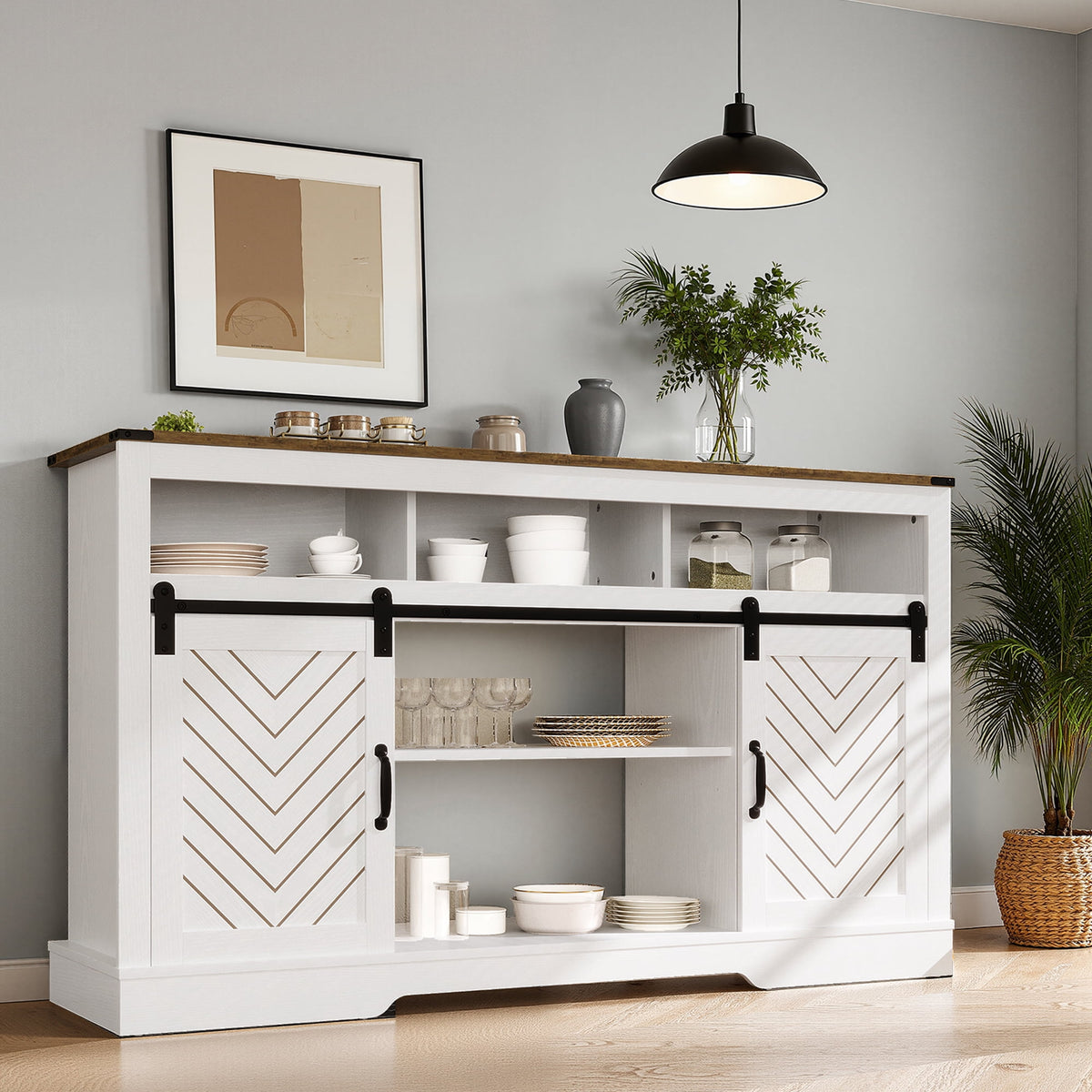 May in Color Farmhouse TV Stand, 34 Inch Tall, for 65+ Inch TV, Sliding Bar Door, Wood-Tone White