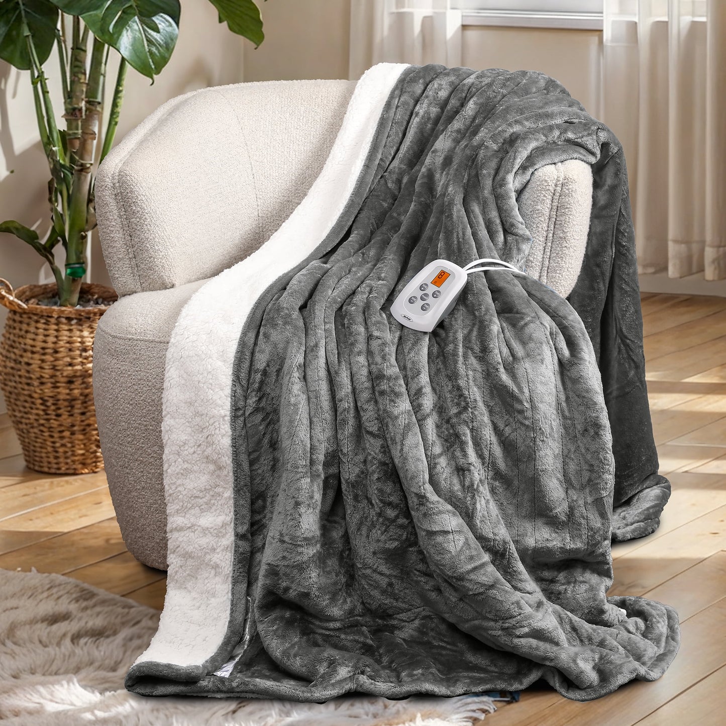 SUNVIVI Electric Heated Blanket, 84" x 62" Twin Size Electric Blanket with 10 Heating Levels and 12 Hours Auto-Off, Soft Flannel Blanket with ETL Certification,Grey