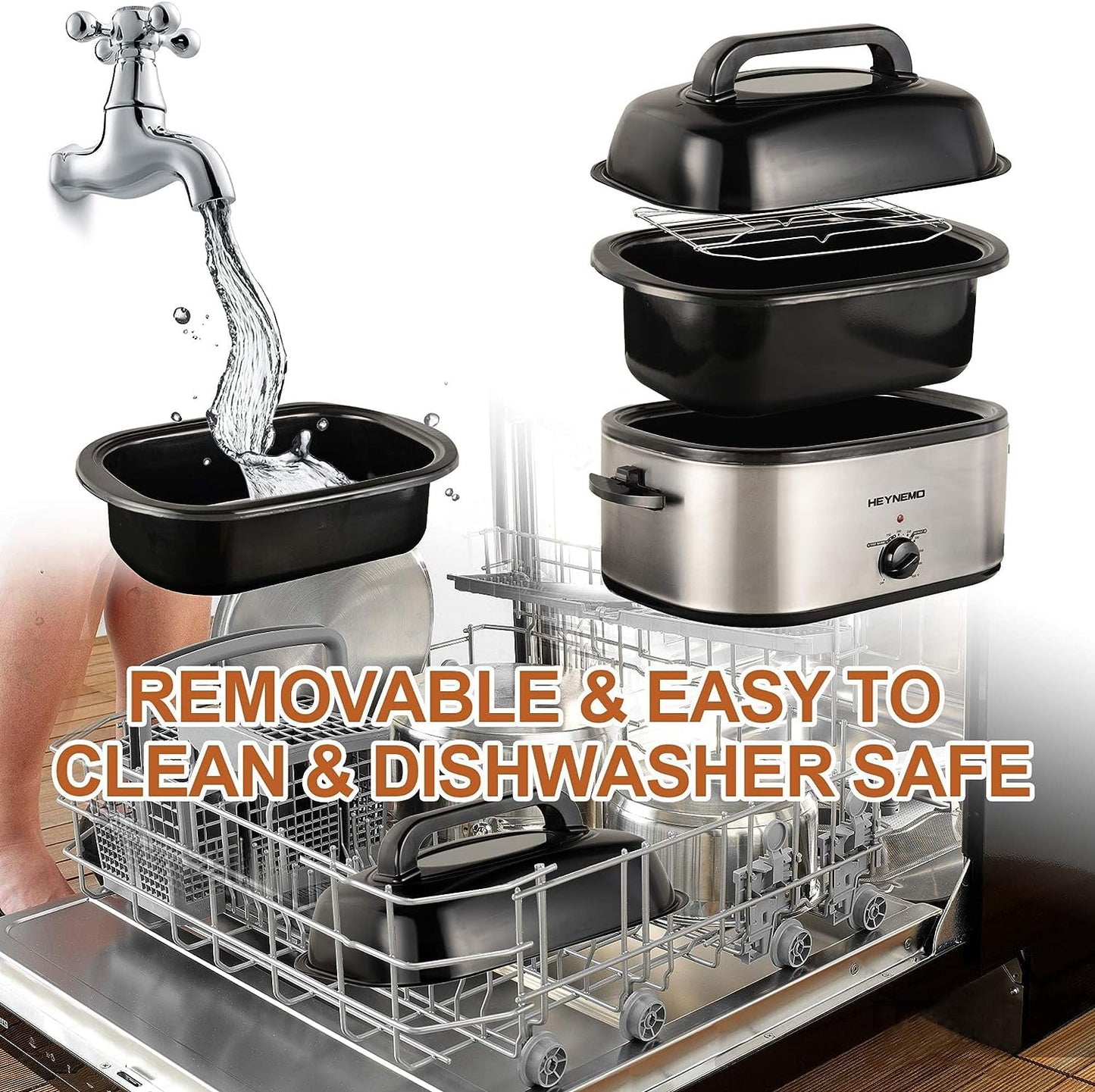 CozyHom 24 Quart Electric Roaster Oven Stainless Steel Roaster Oven with Self-Basting Lid Removable Insert Pot, Silver