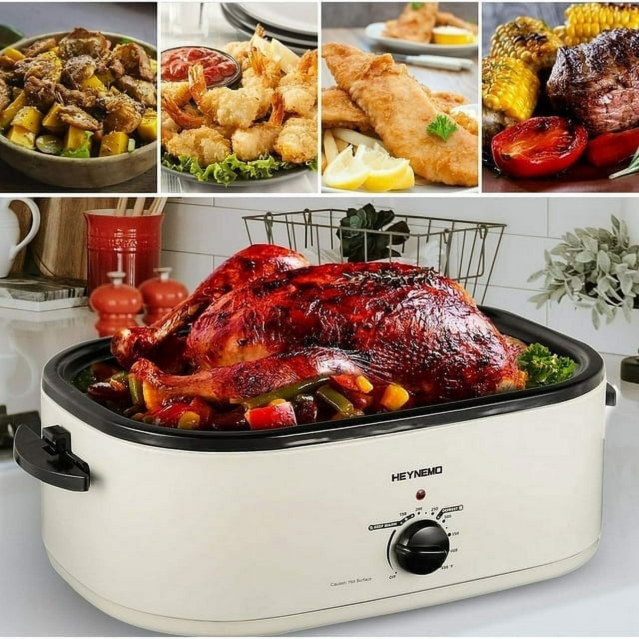 Superjoe 24 QT Electric Stainless Steel Turkey Roaster Oven, Self-Basting Lid Removable Insert Pot , White