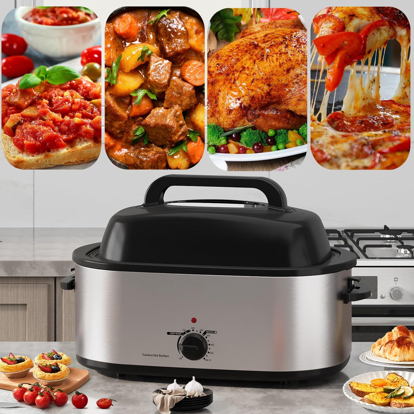 Sunvivi Roaster Oven 26 Quart, Electric Roaster Oven with Visible & Self-Basting Lid, Turkey Roaster Oven with Removable Pan & Rack, Variable Temperature Control, Stainless Steel, Silver