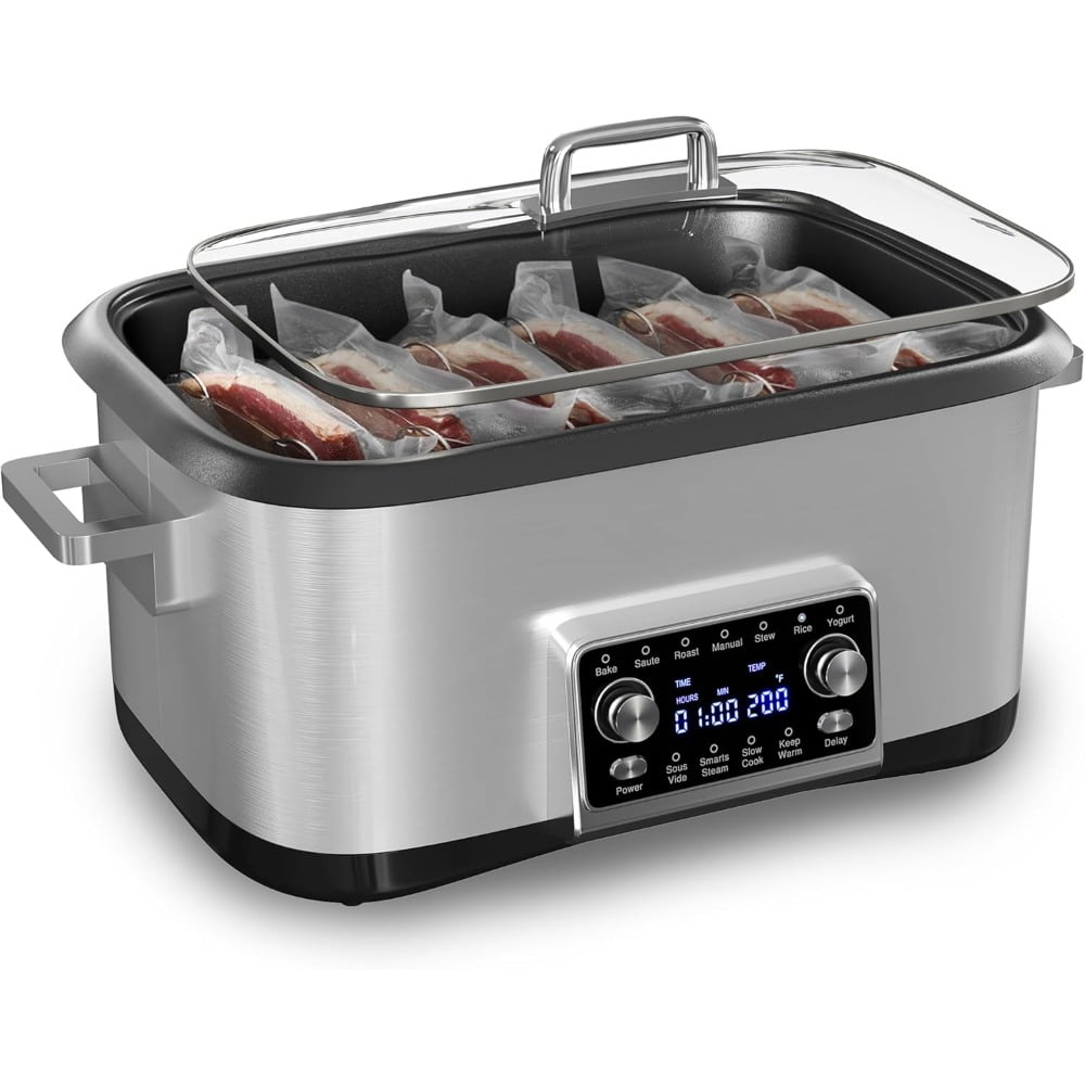 8 Quart 12-IN-1 Multi Cooker, Digital Programmable Slow Cooker with LED Display & Timer, 1250W Rice Cooker with Nonstick Inner Pot for Bake, Saute, Roast, Stew, Sous Vide, Dishwasher Safe, Silver