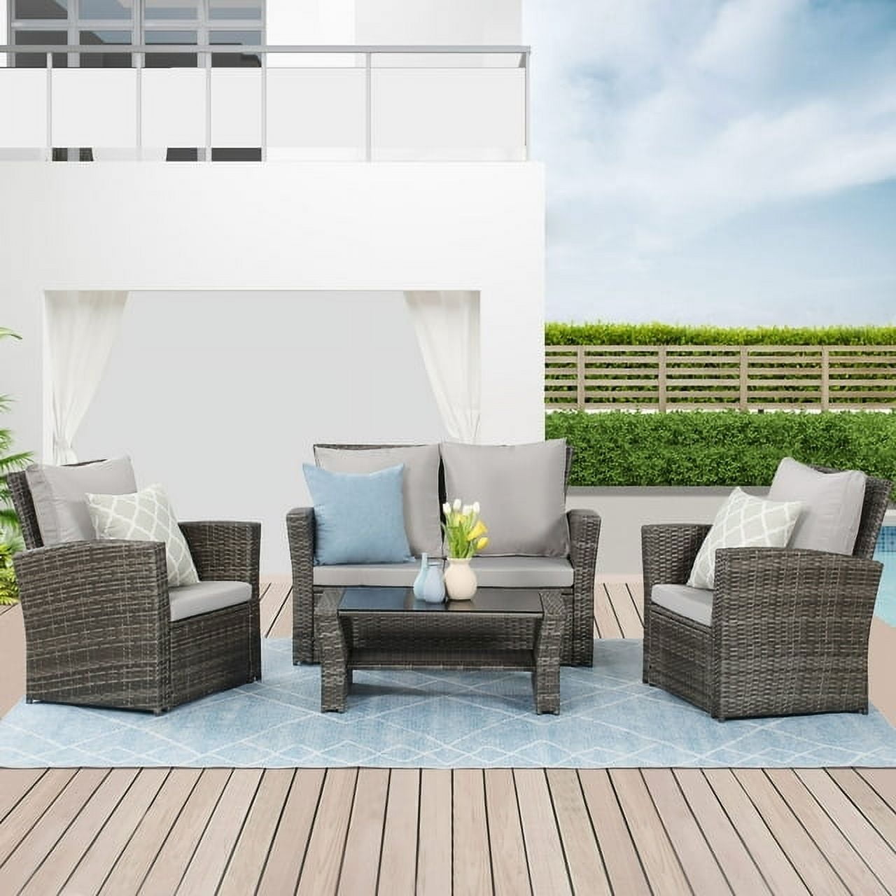Superjoe 4 Pcs Outdoor Patio Furniture Sets,Wicker Conversation Set Rattan Sofa with Coffee Table and Cushions, Gray