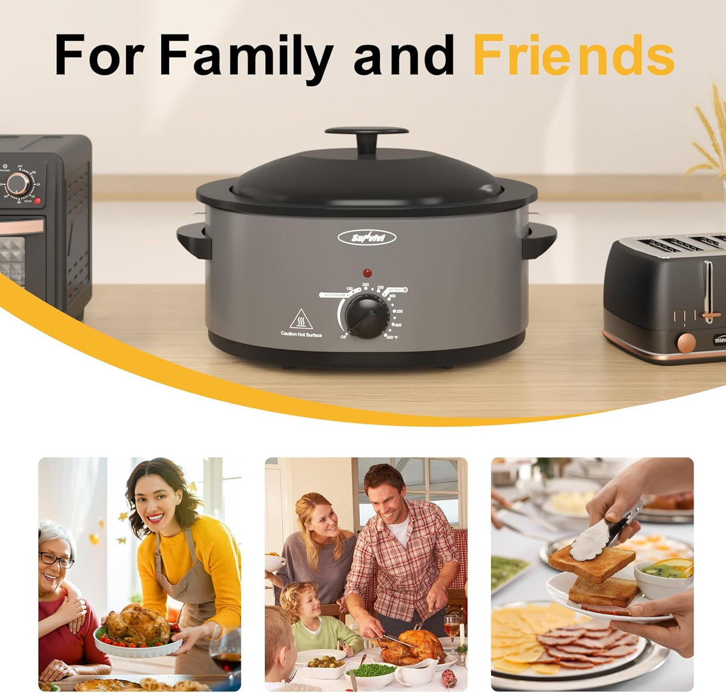 Superjoe 8 QT Electric Roaster Oven with Self-Basting Lid, Defrost Warm Function, Removable Pan, Stainless Steel, Grey