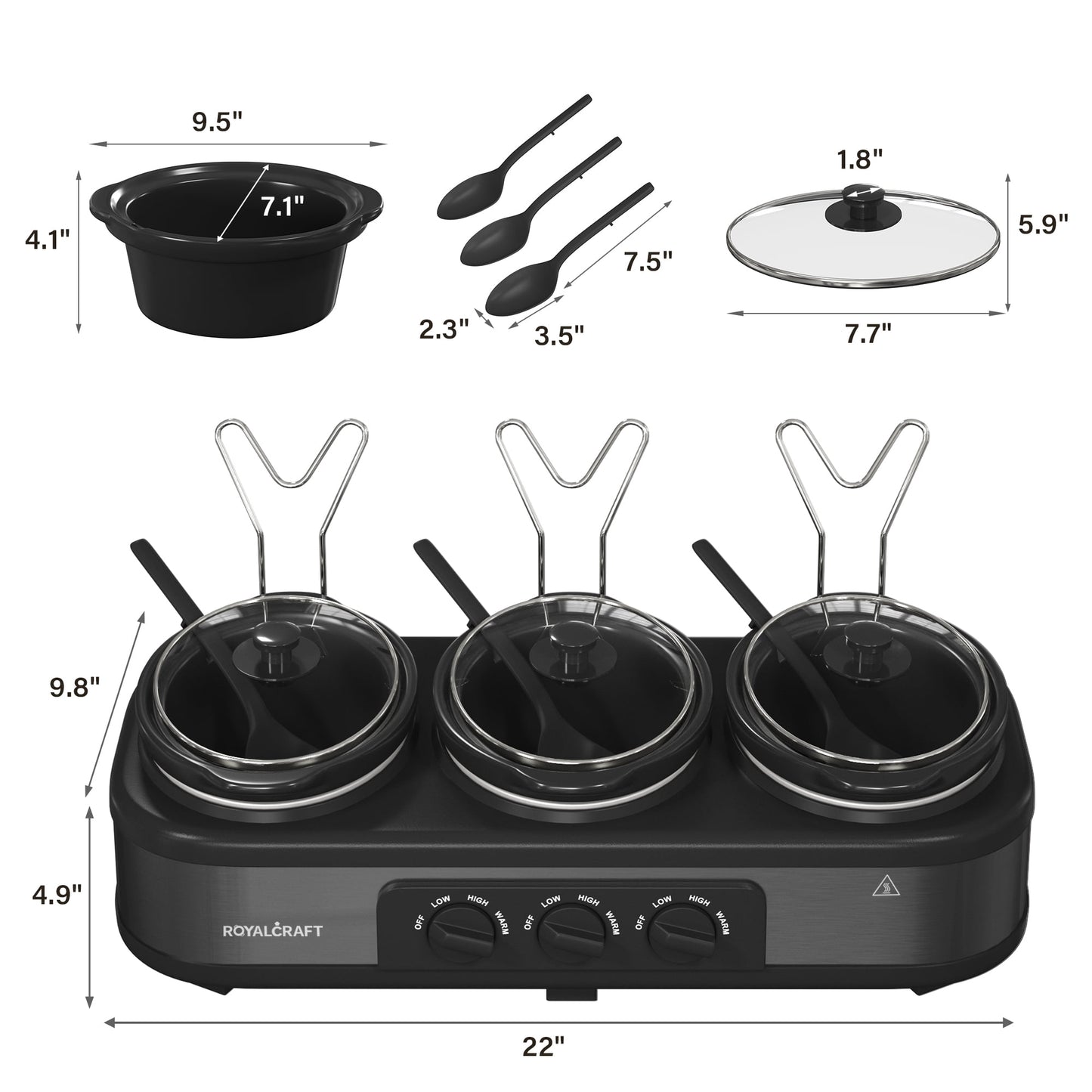 Sunvivi  Triple Slow Cooker With Liners, Temperature Control, Total 4.5 Qt
