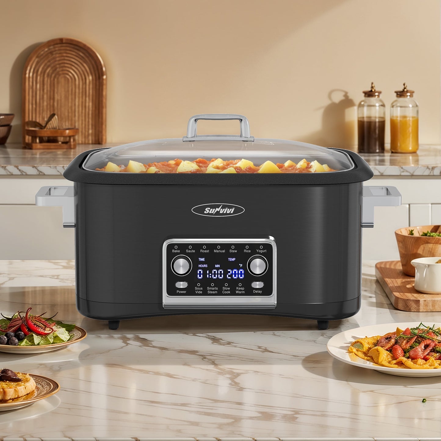 Heynemo 8QT 12-in-1 Programmable Slow Cooker, Multi-Cooker with Timer, Temperature Control, Removable Non-Stick Pot & Dishwasher-Safe Glass Lid, Black