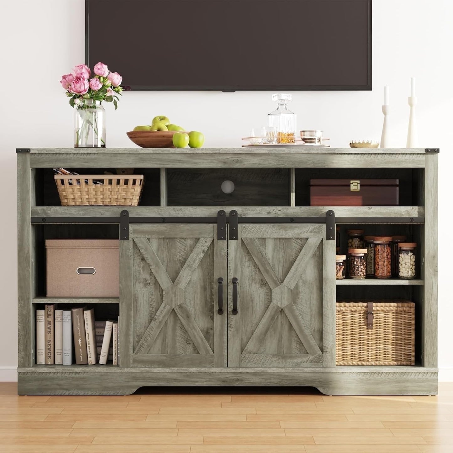 Mayincolor Farmhouse TV Stand for 65''+ Inch TV, 34'' Tall Entertainment Center, Rustic TV Console with Sliding Bar Door for Living Room (Light Grey)