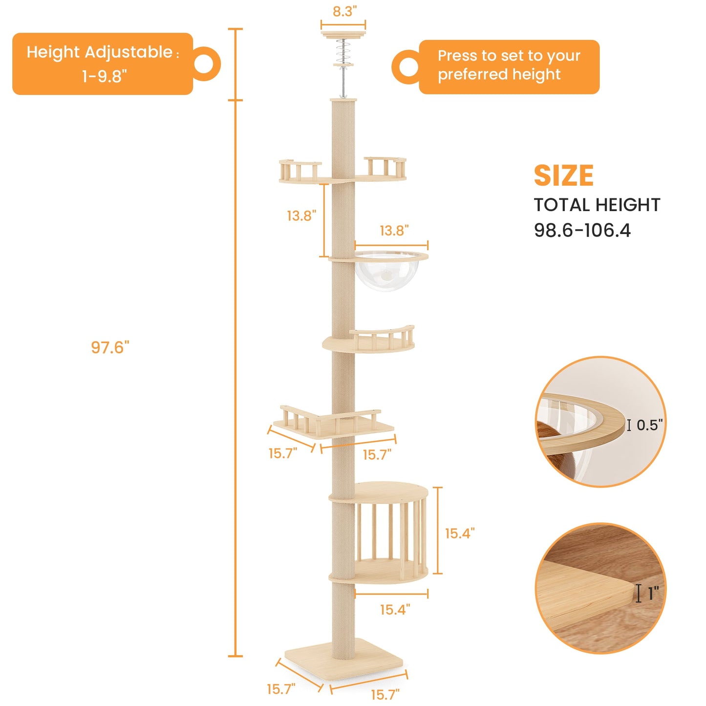 Heynemo Floor to Ceiling Cat Tree Tower Adjustable Height Multi-Level with Acrylic Capsule Sisal Scratching Posts Stable Stylish for Kittens & Large Cats