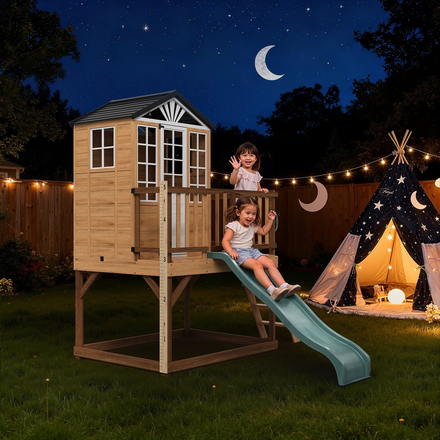 May in Color 9-in-1 Multifunctional Wooden Playhouse with Slide, Sandbox, and Kitchen - A Durable Backyard Adventure Playset for Kids Ages 3-10
