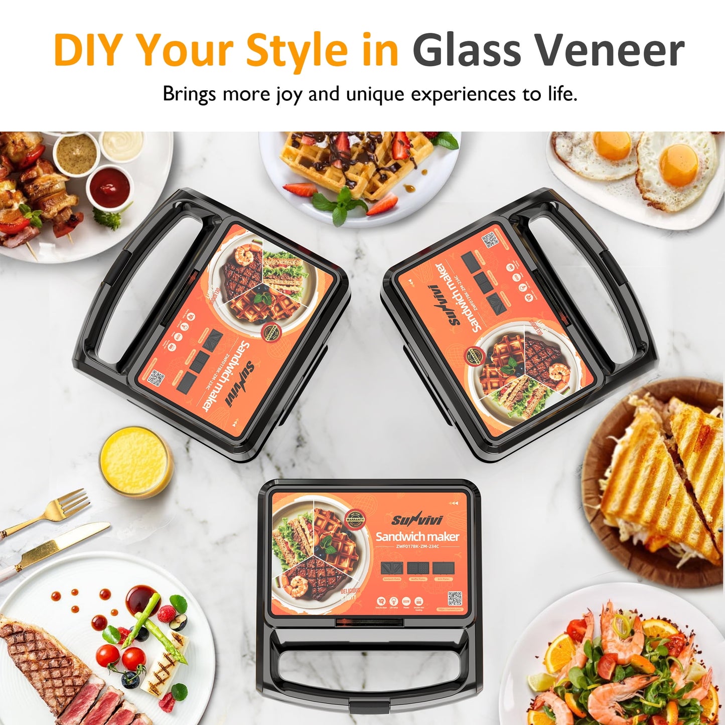 Heynemo Versatile 3-in-1 Waffle Maker & Panini Press, 800W Electric Sandwich Maker with Removable Non-Stick Plates, Tempered Glass Lid, Cool Touch Handle & Easy Cleanup