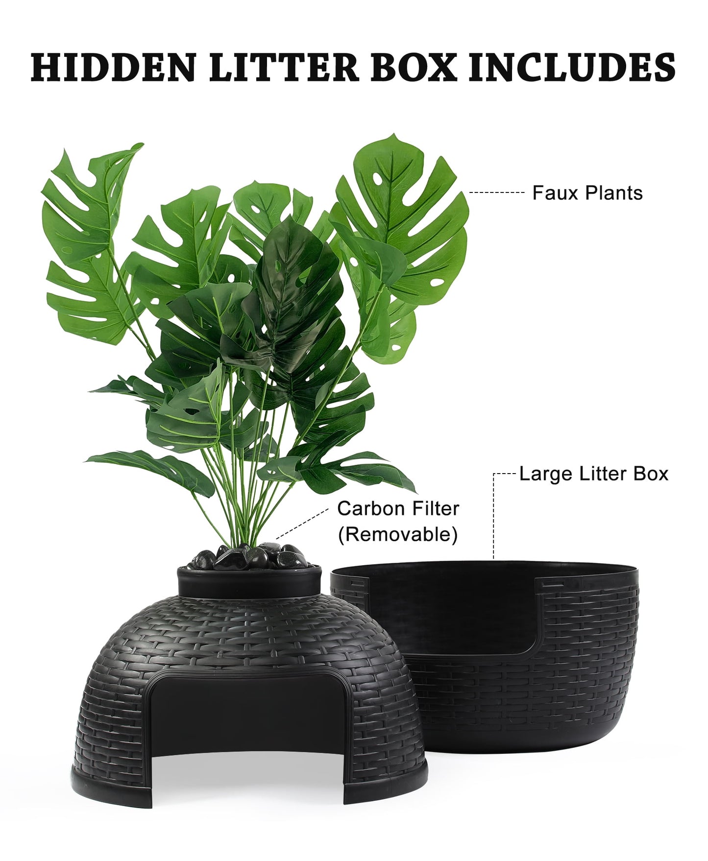 Superjoe Plant Hidden Cat Litter Box Plastic Rattan DIY Home Decor, Black