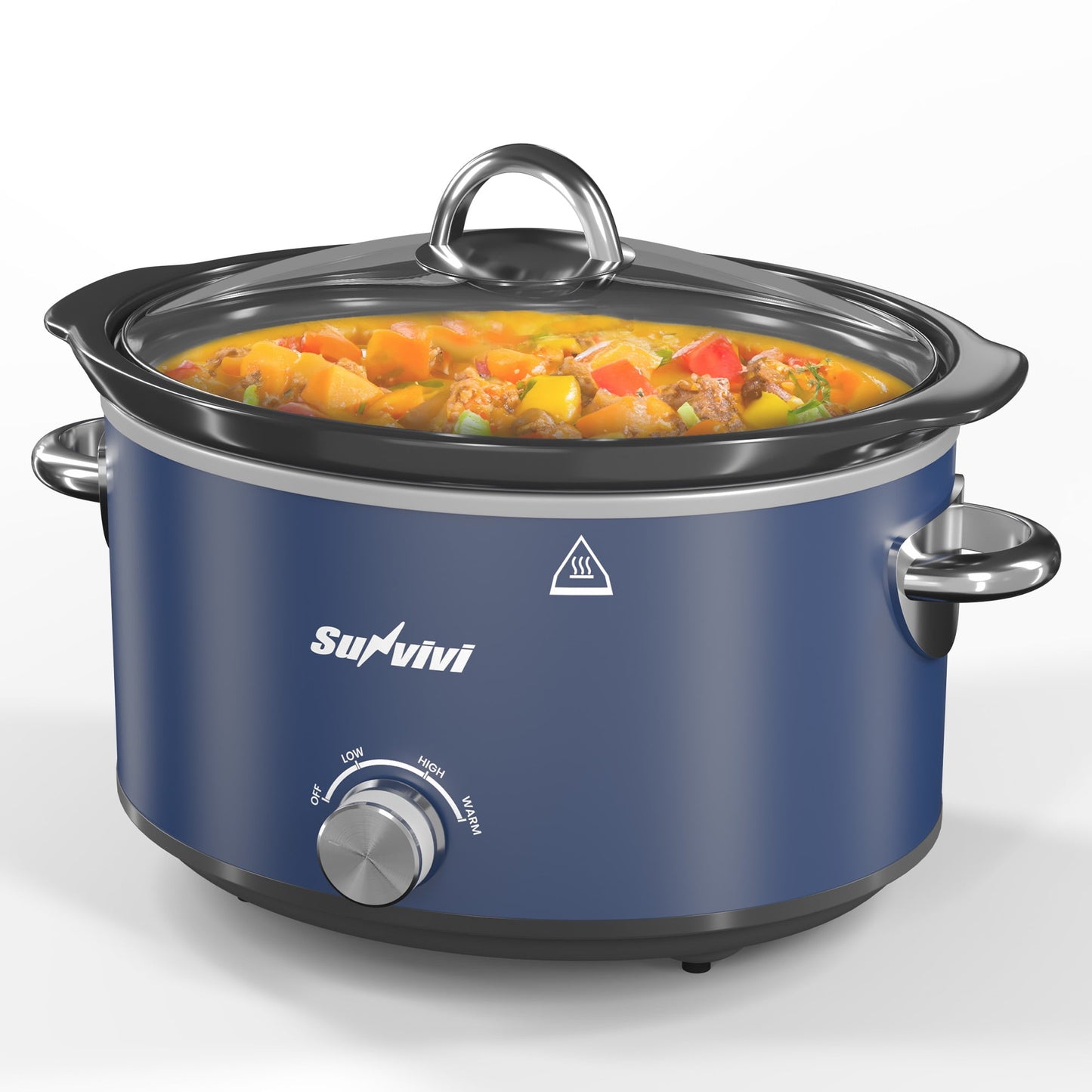Heynemo 4 Quart Slow Cooker, Mini Food Warmer with Removable Ceramic Pot, 3 Heat Settings, Dishwasher Safe Lid, Stainless Steel, Blue