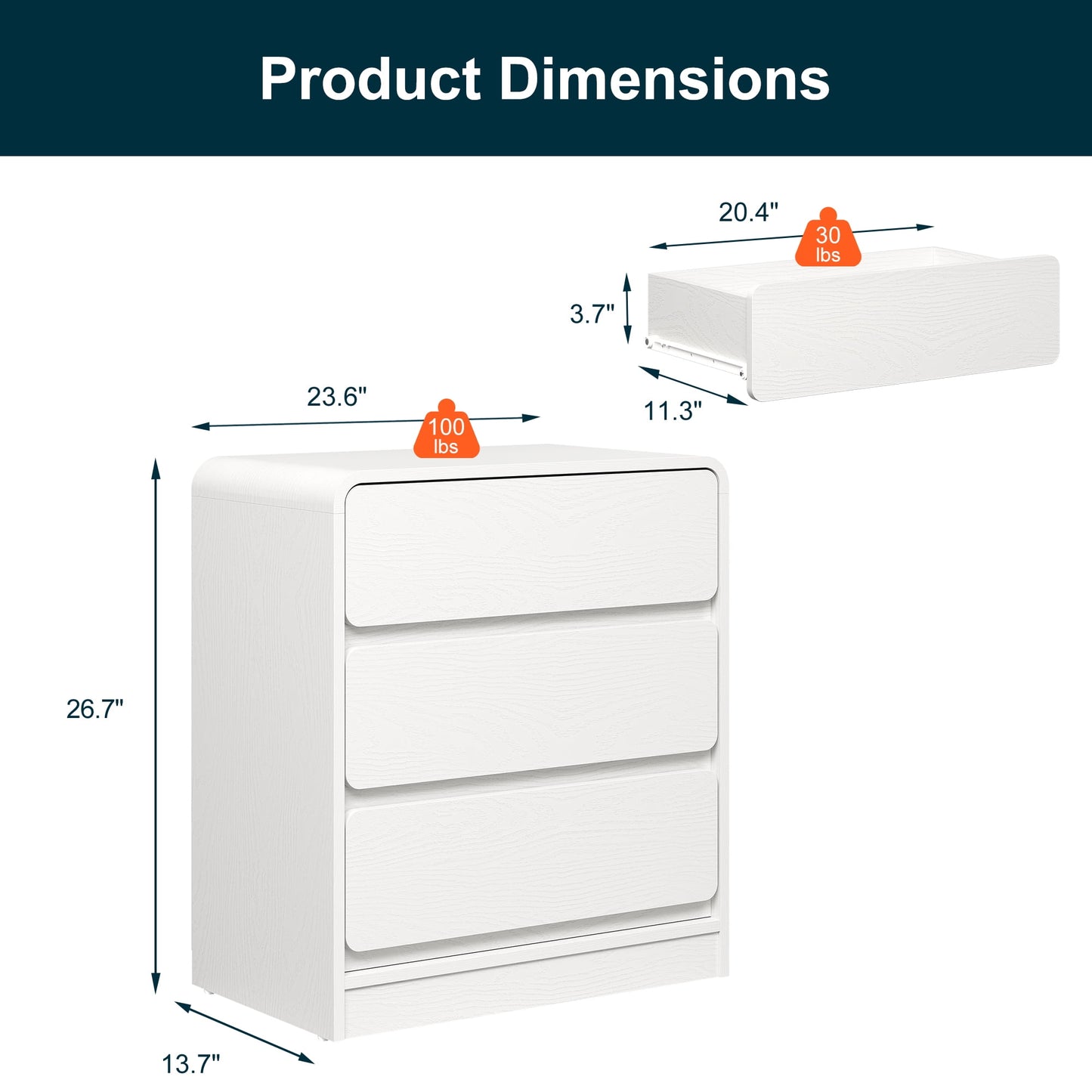 Heynemo Modern 3-Drawer Storage Dresser Set of 2 for Home and Office, White