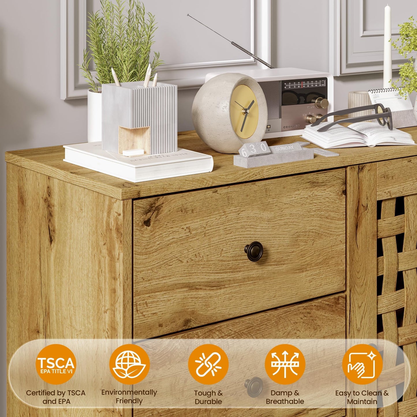 RoyalCraft Accent Cabinet with Doors, Entryway Cabinet with Oak Legs, Wooden Decorative Sideboard with Adjustable Shelf & Doors for Living Room (Natural With Door & 3 Drawers, 2)