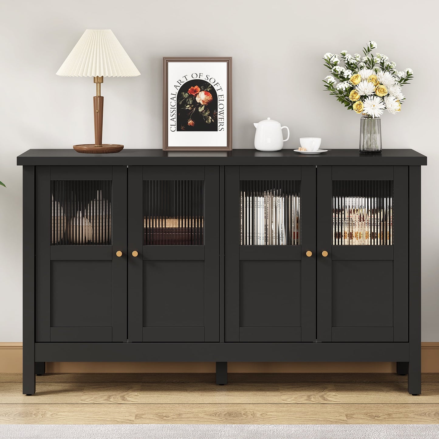 Heynemo Wood Sideboard Credenza with Storage, Buffet Cabinet with Adjustable Shelves, Accent Cabinet with Acrylic Accents for Living Room, Dining Room, Entryway