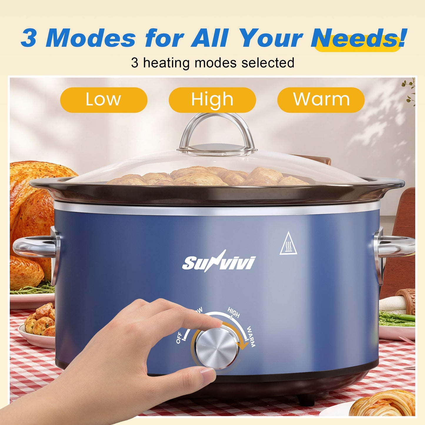 Heynemo 4 Quart Slow Cooker, Mini Food Warmer with Removable Ceramic Pot, 3 Heat Settings, Dishwasher Safe Lid, Stainless Steel, Blue-2