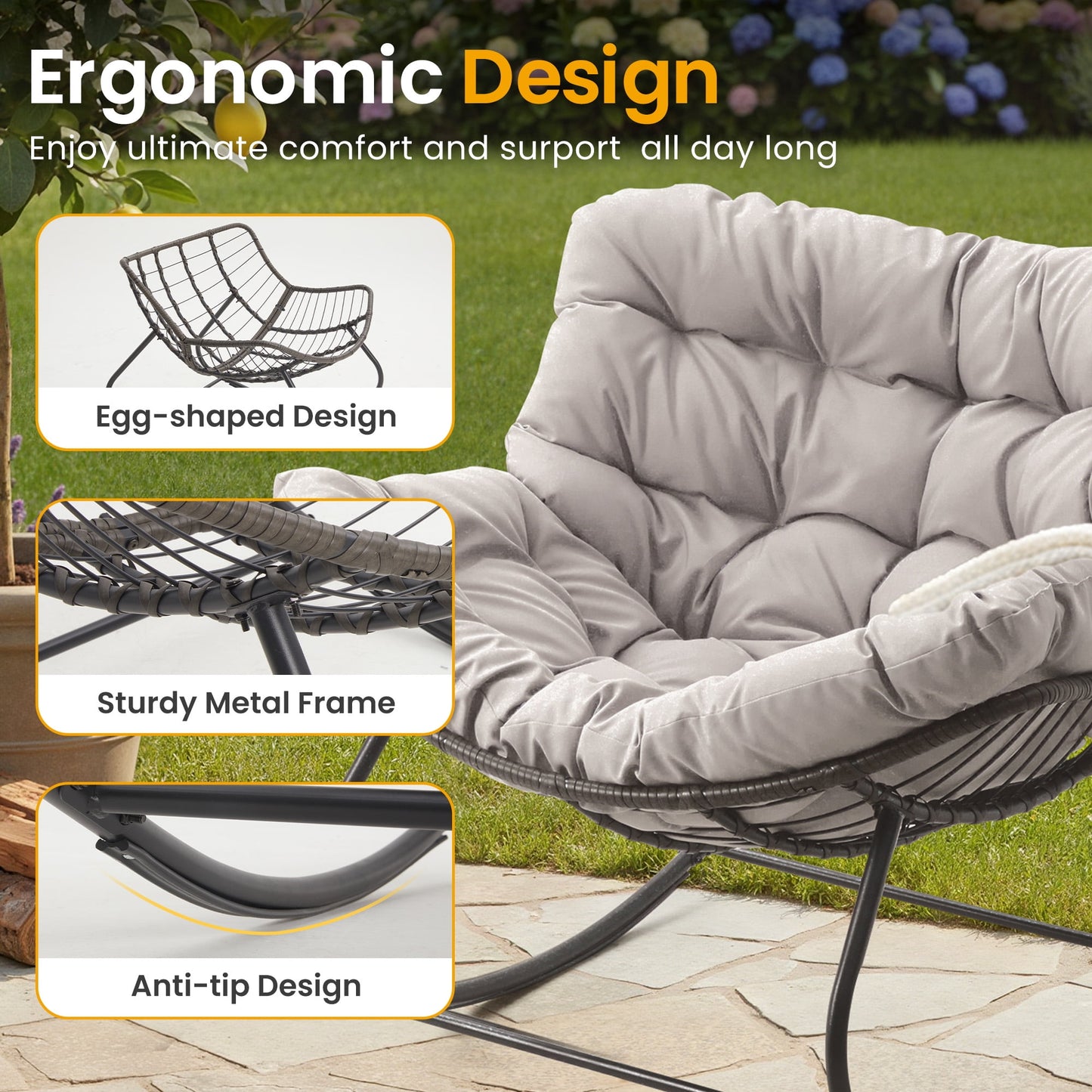 Heynemo Oversized Outdoor Wicker  Rocking Chair with Ottoman, Patio Rattan Papasan Chair with Cushion & Foot Rest for Indoor Outside Porch, Garden, Living Room