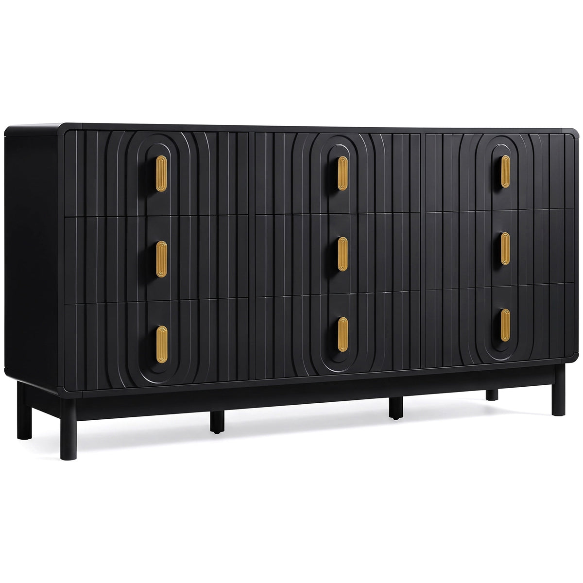 Heynemo Fluted Chest of 9 Drawers, Black Modern 9 Drawer Dresser with Gold Metal Handles, Wide Storage Dresser Cabinet for Bedroom Living Room