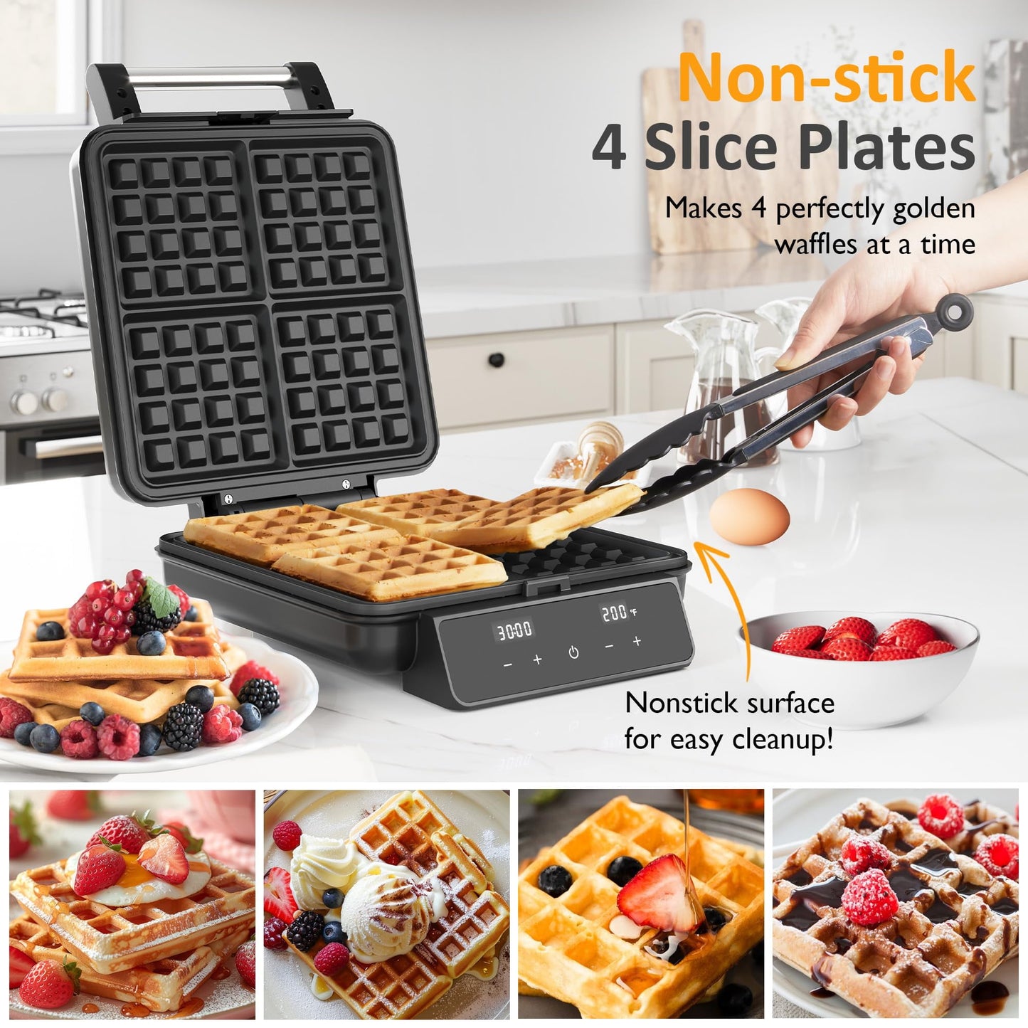 Heynemo 4-Slice Waffle Maker With Nonstick Surface - LCD, Time & Temp Control - Stainless Steel, Silver