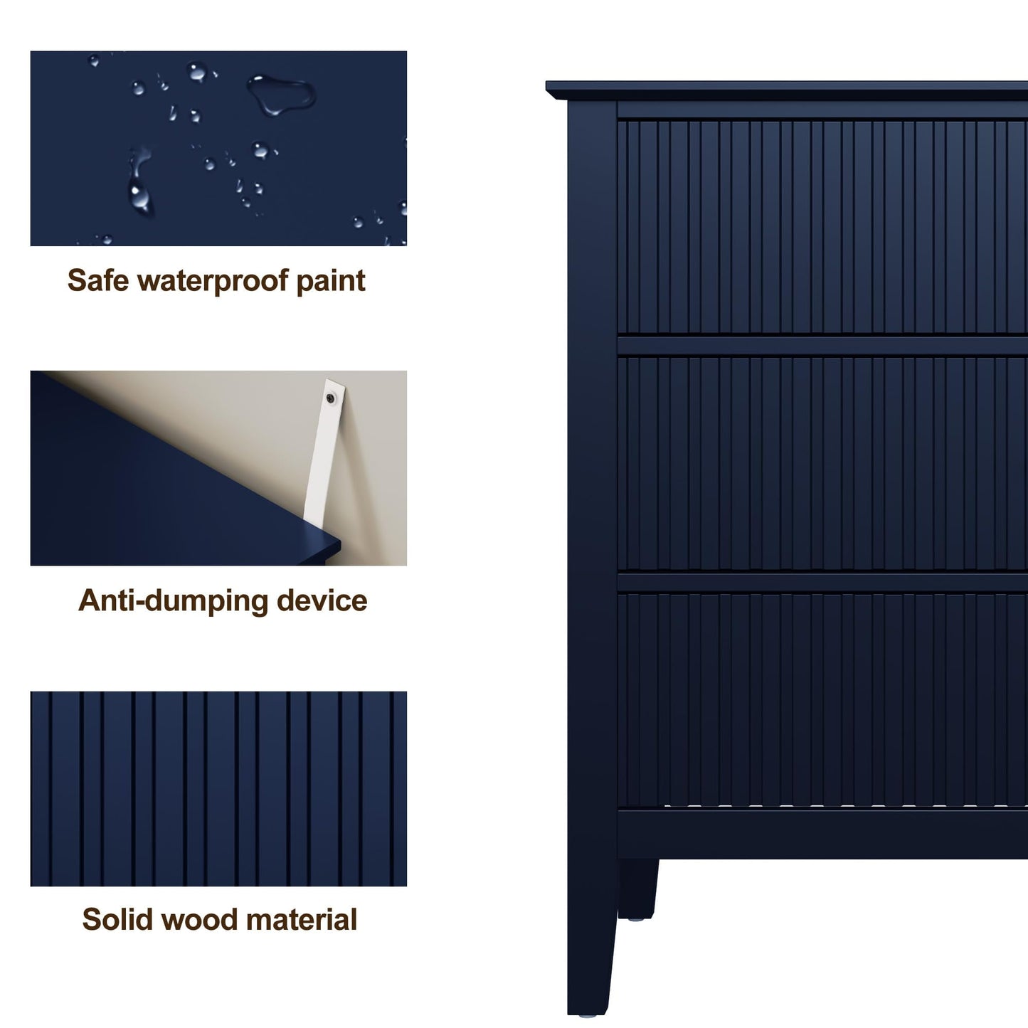 Heynemo Blue 30" Dressers Set of 2, Modern 3-Drawer Wood Nightstands with Ball Bearing Slides, Wide Storage Chests for Bedroom, Living Room, Entryway or Office