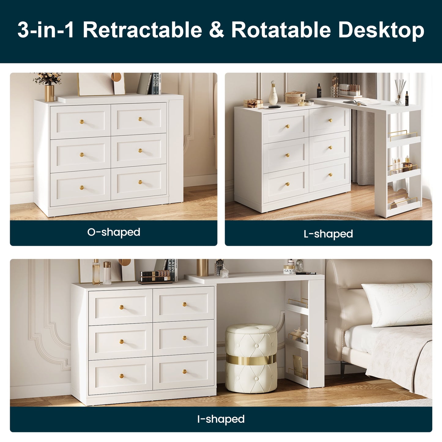 Heynemo Extendable Makeup Vanity Desk with 3 Side Shelves, L-Shaped Vanity Table and Dresser Combo with 6 Drawers, Modern Dressing Table for Bedroom, Dressing Room, White