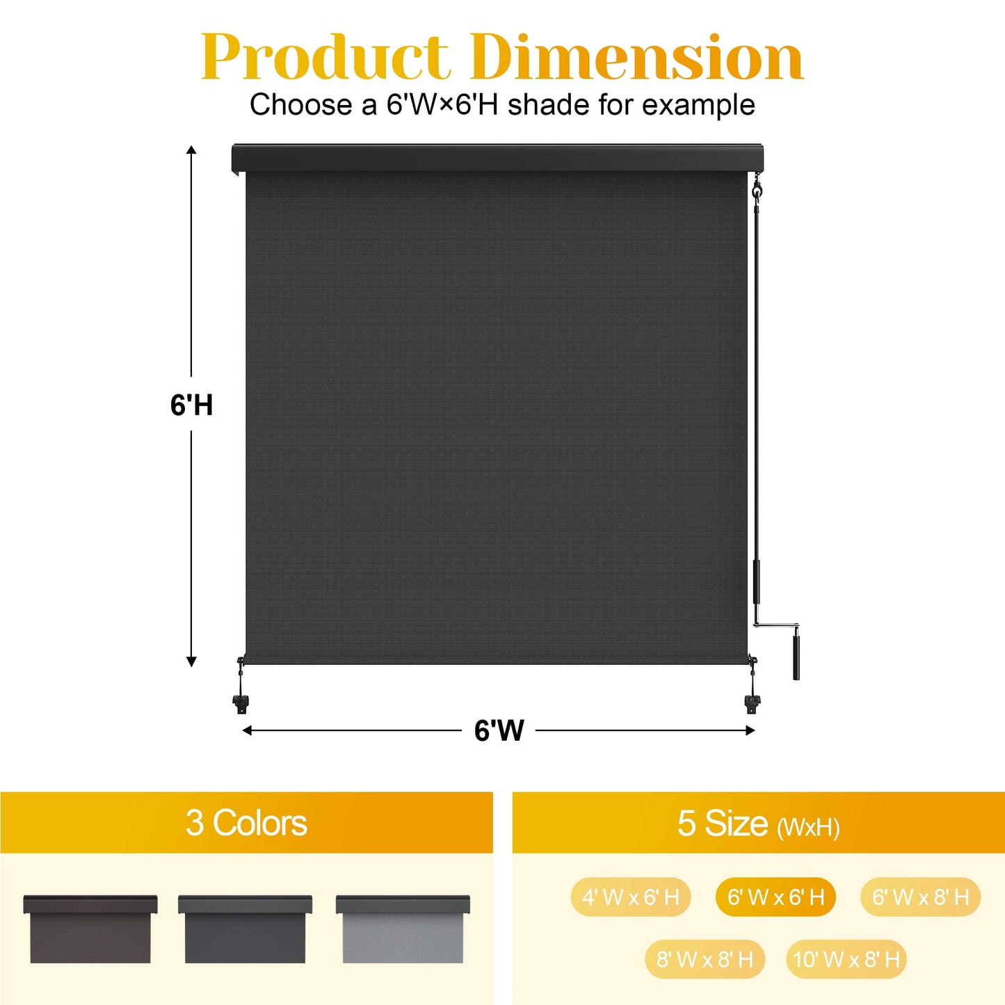 Superjoe Outdoor Roller Shades with 95% UV Blockout, 6'L x 6'W Exterior Cordless Patio Shades Roll Up Outdoor Blinds for Porch Gazebo, Blockout Waterproof Protect Privacy, Black