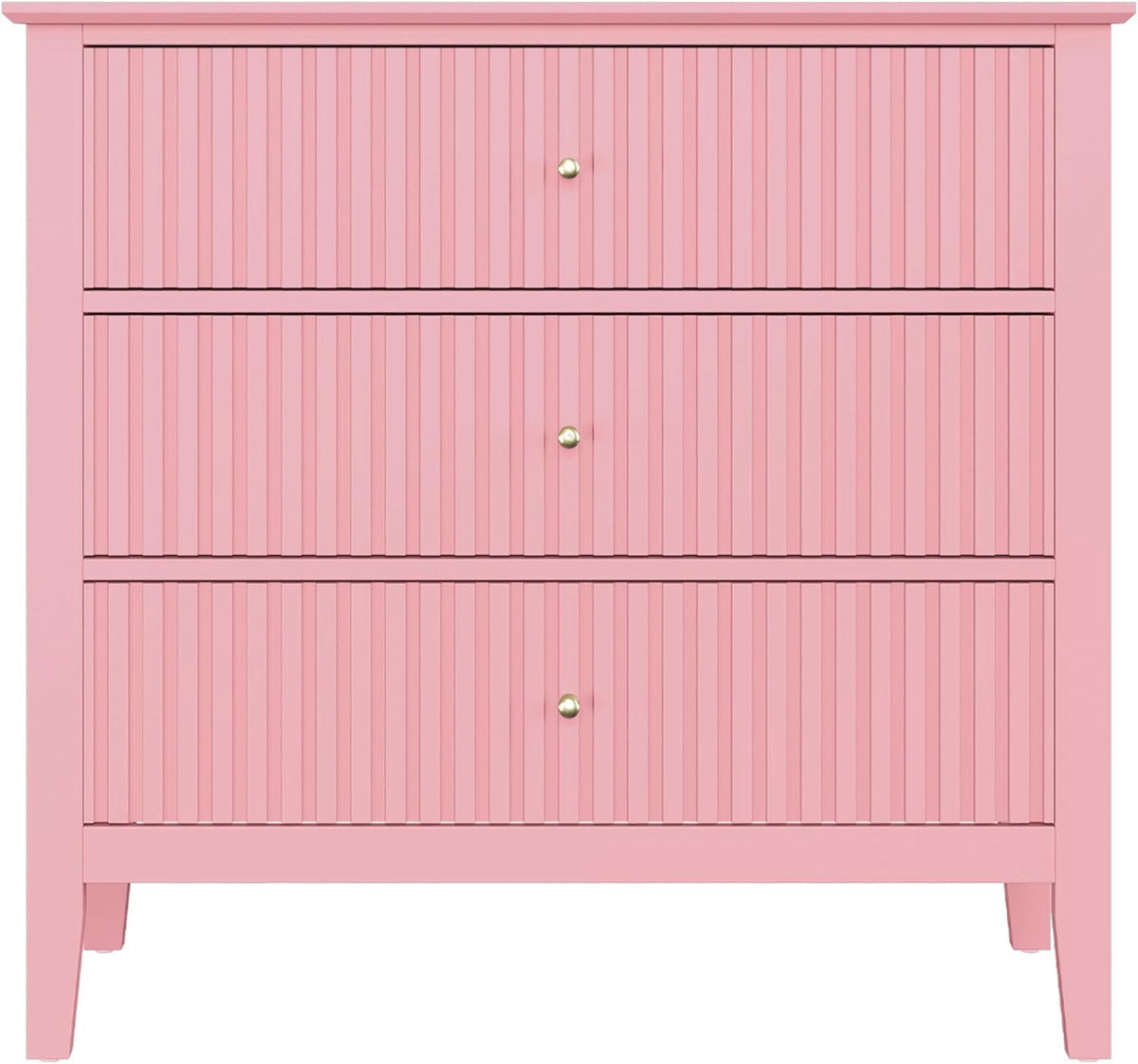 May in Color Pink Fluted Nightstand with 3 Drawers, Modern Bedroom End Table, Wood Bedside Table