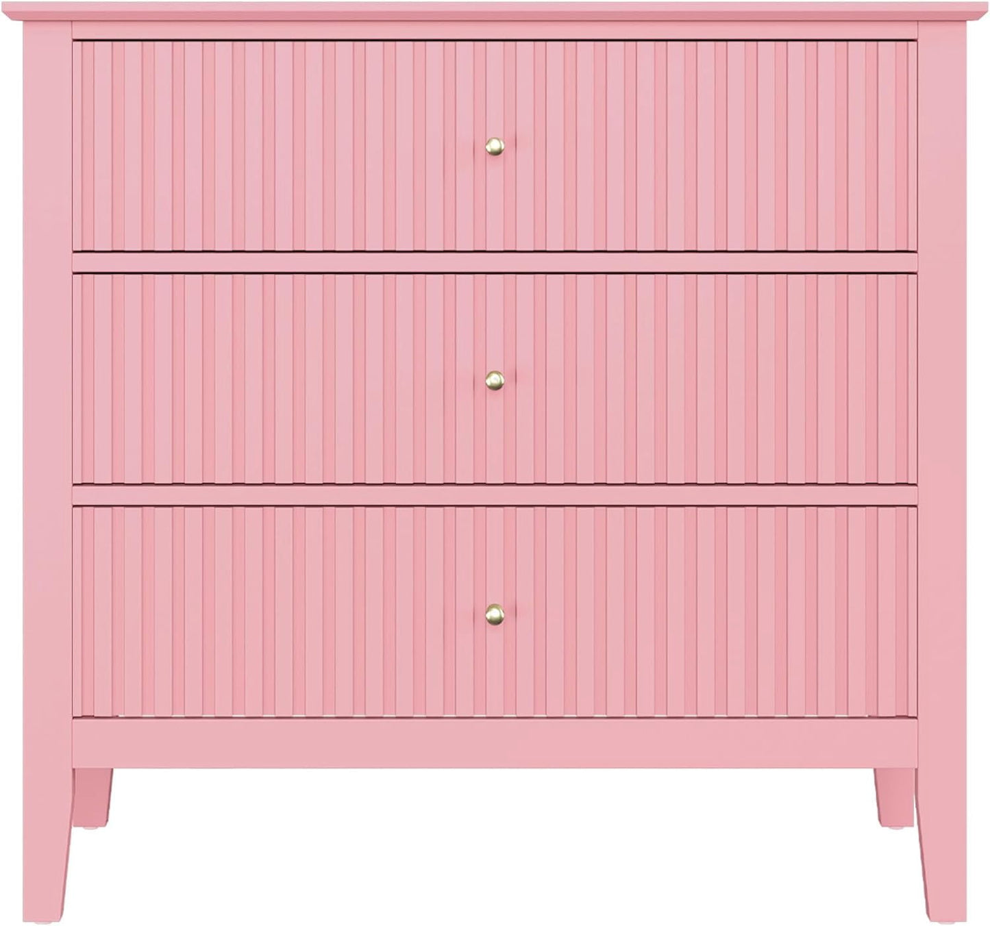 May in Color Fluted Wide Nightstand for Bedroom, Large Pink End Table with 3 Drawer, for Home and Office