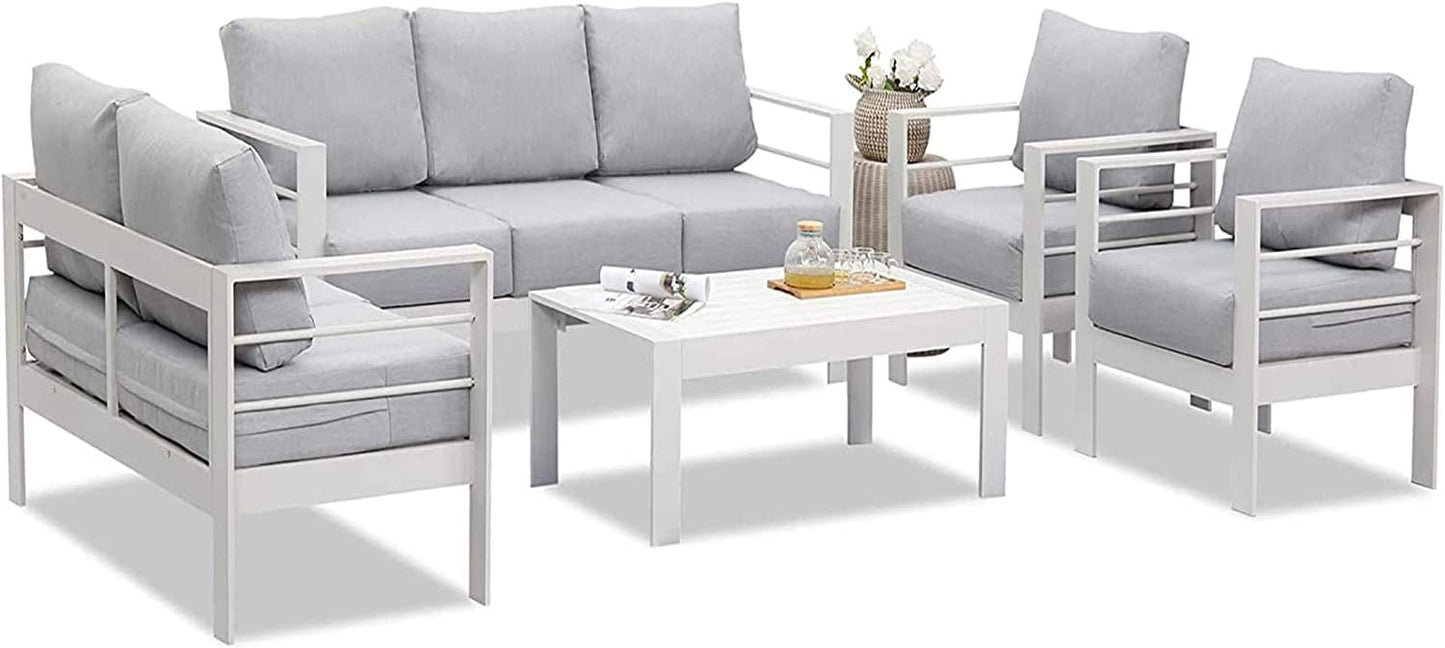 Superjoe Outdoor 2 Seats Patio Aluminum Loveseat Furniture, All-Weather Sofa Couch White Metal Chair with Cushions, Light Grey