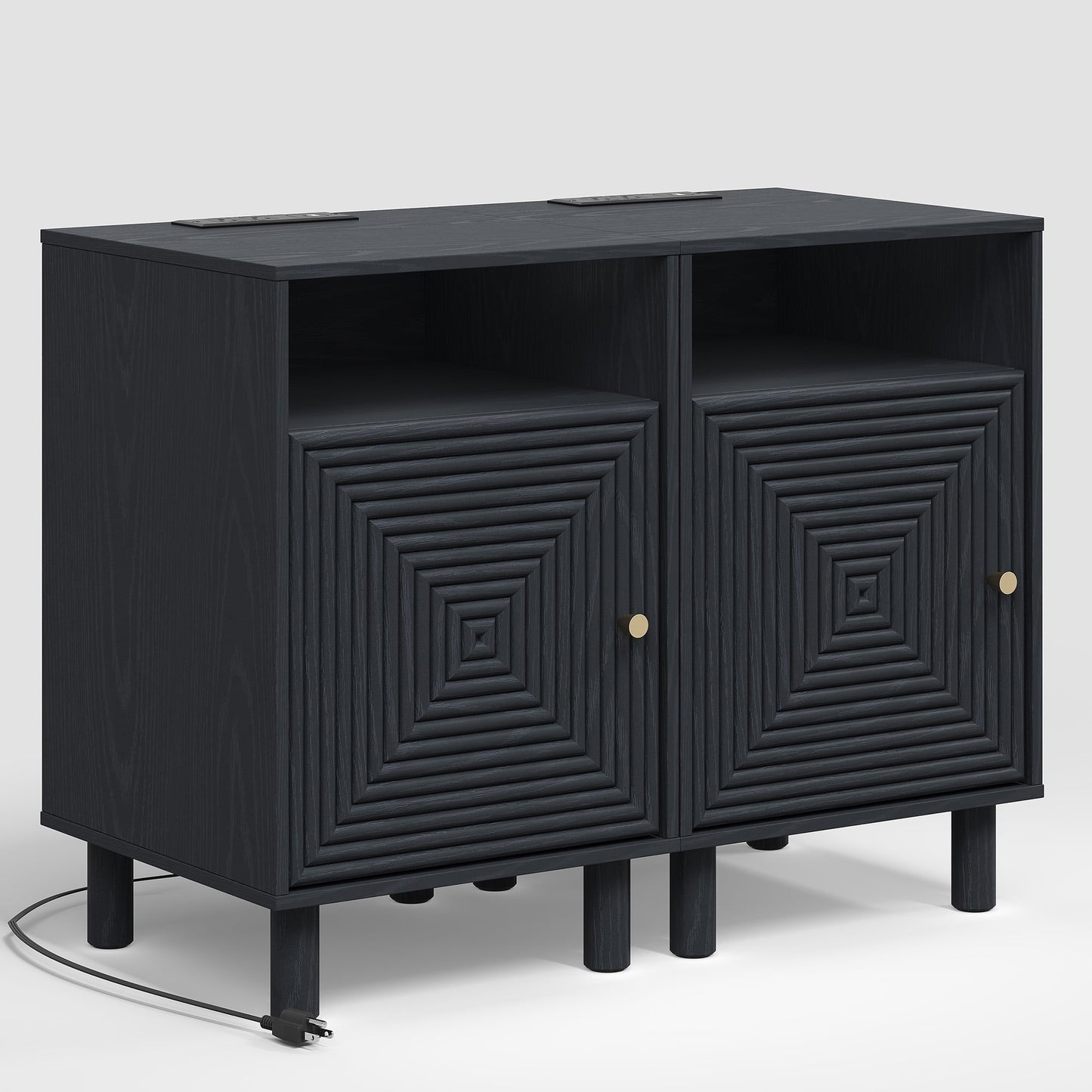 Heynemo Wood Nightstand with Storage, Bedside Table with Charging Station and Solid Wood Legs, Ideal for Living Room, Bedroom, Entryway, Black, Set of 2