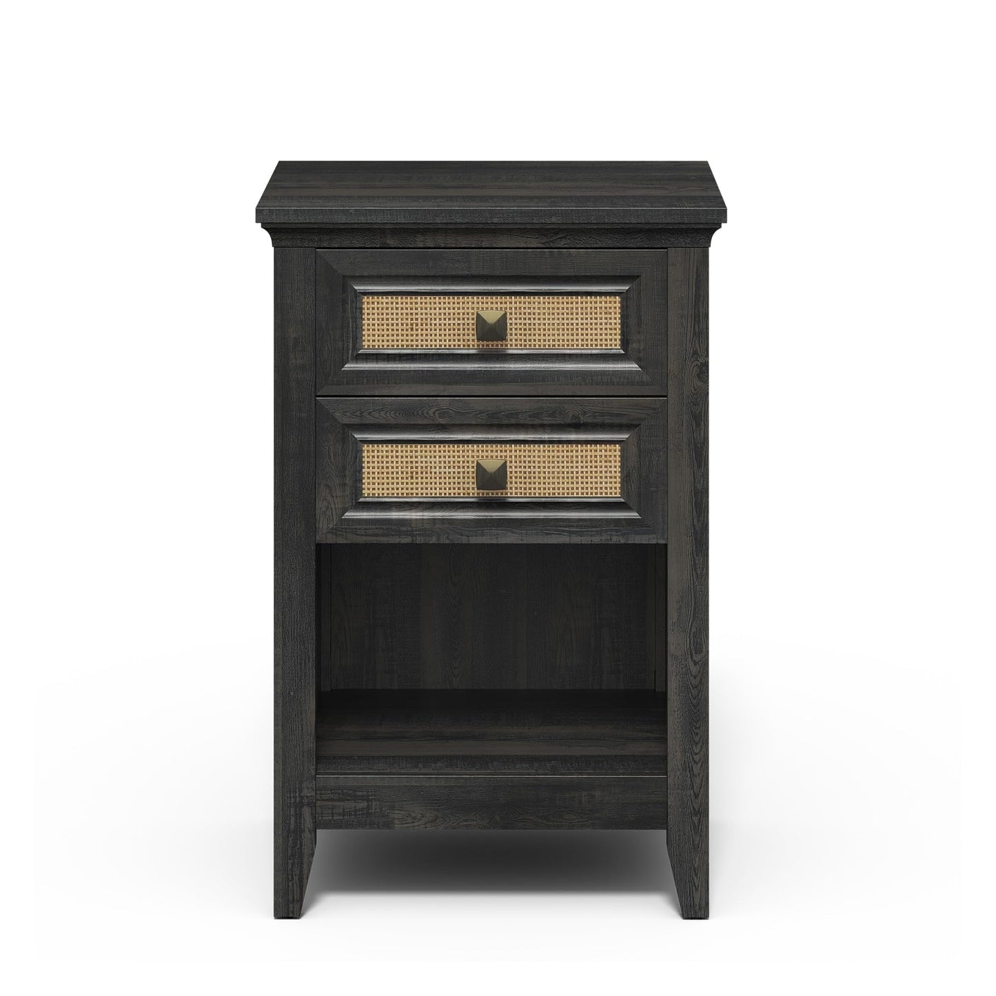 RoyalCraft Nightstand with 2 Drawers, Accent Bedside Table with Rattan Decor Drawers and Large Storage Shelf, Boho Wood End Table Organizer for Bedroom, Living Room, Coffee