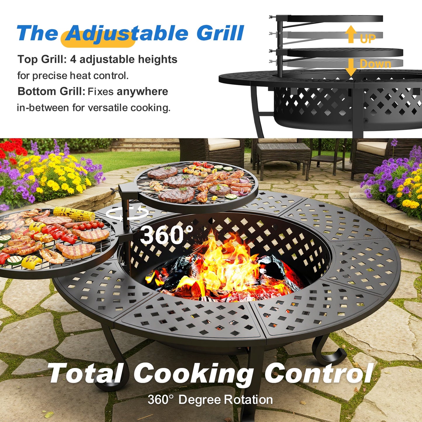 Heynemo 3 in 1 Outdoor Fire Pit for BBQs, Bonfire, Picnic, Wood Burning Fireplace with 2 Grill, Lid, and Fire Poker, 43'' Metal Round Table for Patio, Garden, Backyard