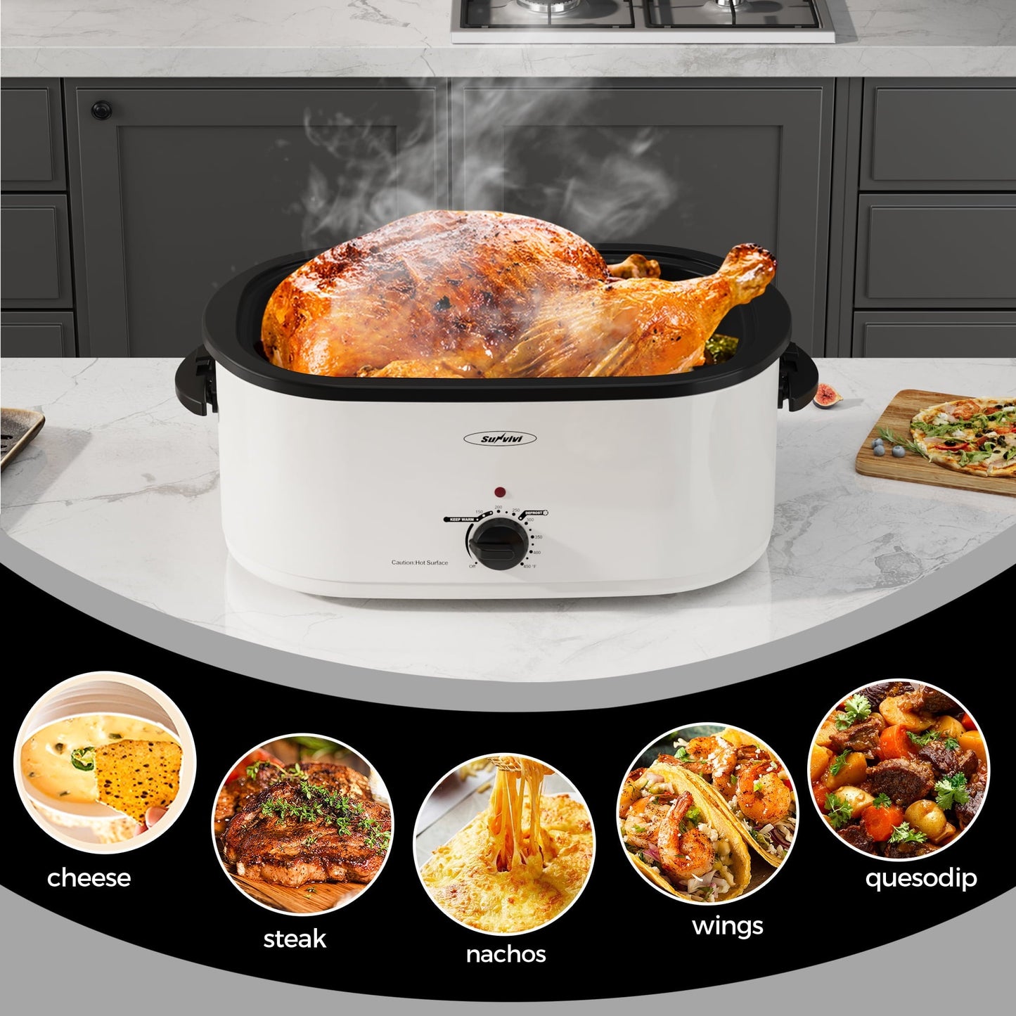 Sunvivi Roaster Oven with Self-Basting Lid, 22qt Electric Roaster with Removable Pan & Rack, Turkey Roaster Oven with Defrost & Warm Function, Stainless Steel, White