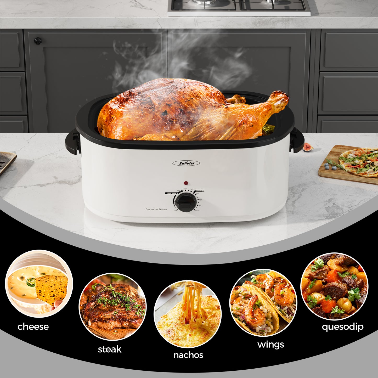 RoyalCraft 24 Quart Electric Roaster Oven Turkey Roaster with Lid Electric Roasters with Removable Pan Large Roaster,Visible & Self-basting Lid, Fast Heating & Thaw/warming Setting, White