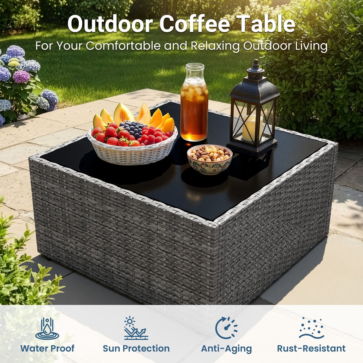 Royalcraft Outdoor Patio Set,5 Pcs PE Wicker Rattan Outdoor Furniture Set, Tempered Glass Coffee Table, Grey