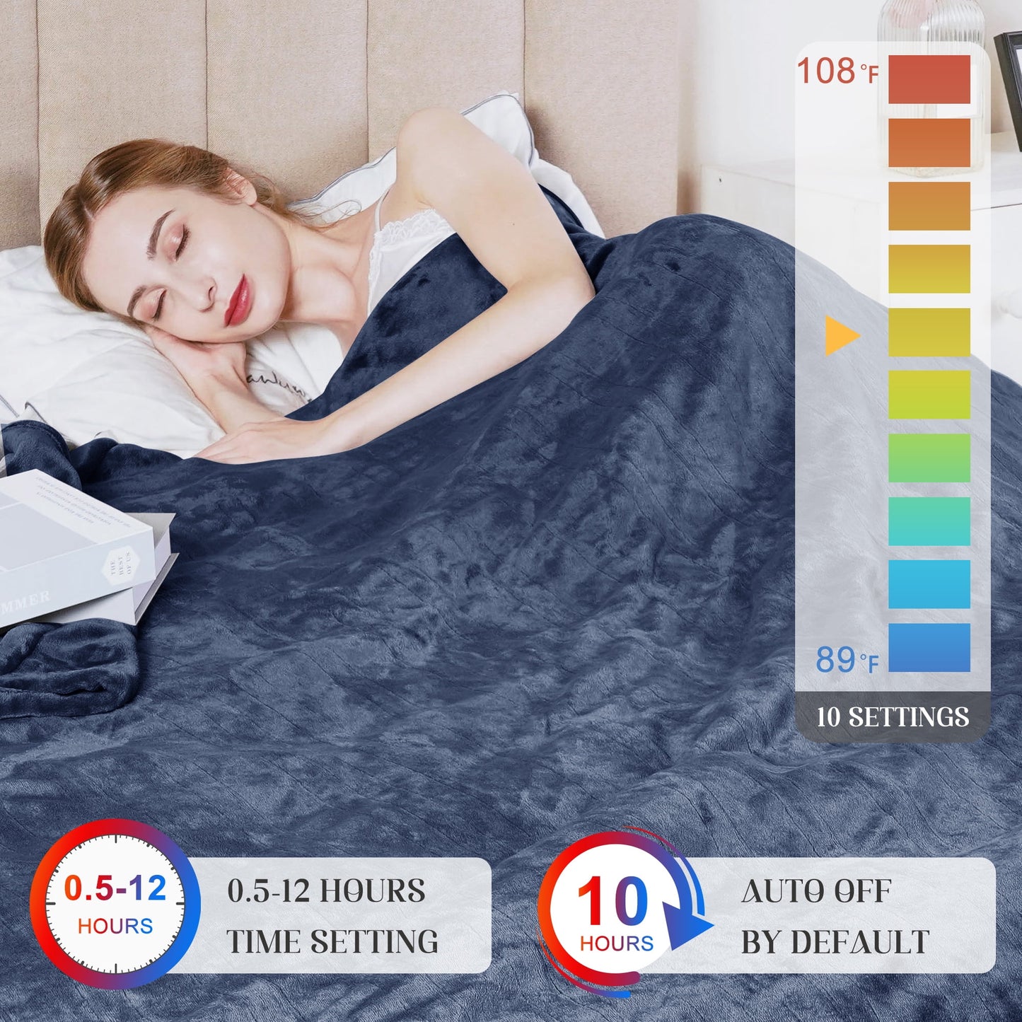 Electric Blanket King Size with Dual Controllers,10 Heating Levels& 12 hours Auto-off,Overheat Protection,Blue